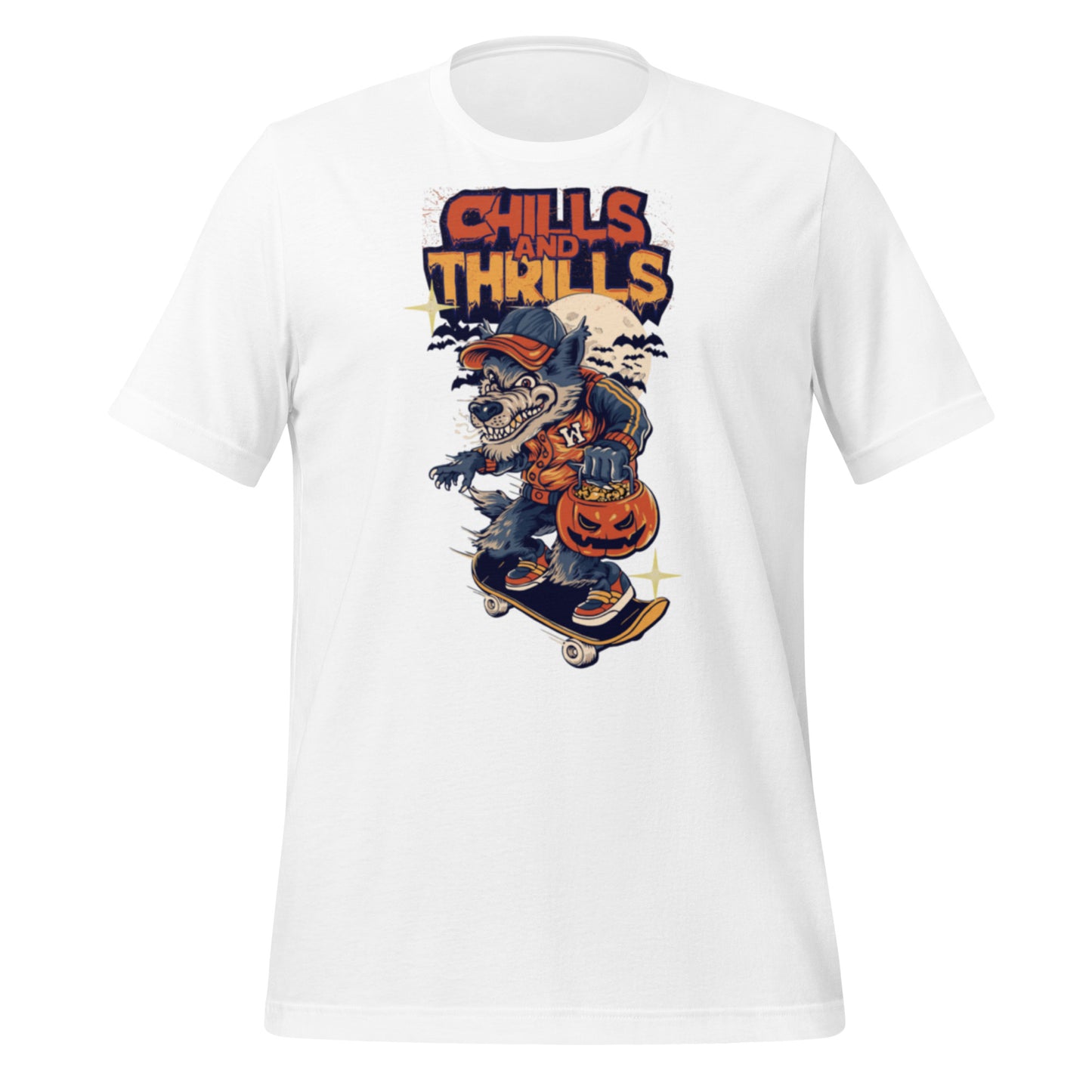 PJ Designs Unisex Eco Friendly T-Shirt featuring a Halloween skateboard design with chills and thrills