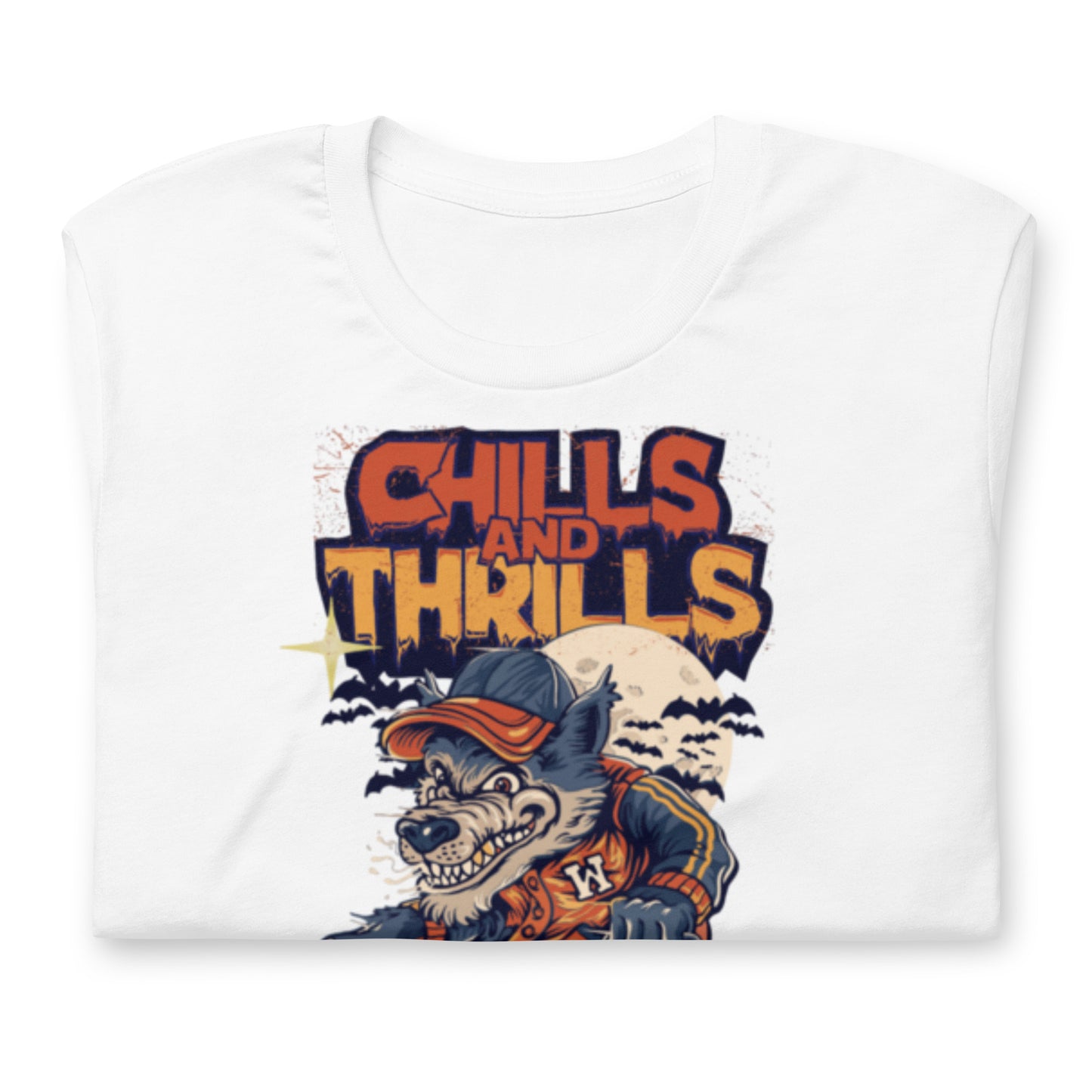 PJ Designs unisex eco friendly t-shirt featuring a colorful wolf graphic with Chills and Thrills text