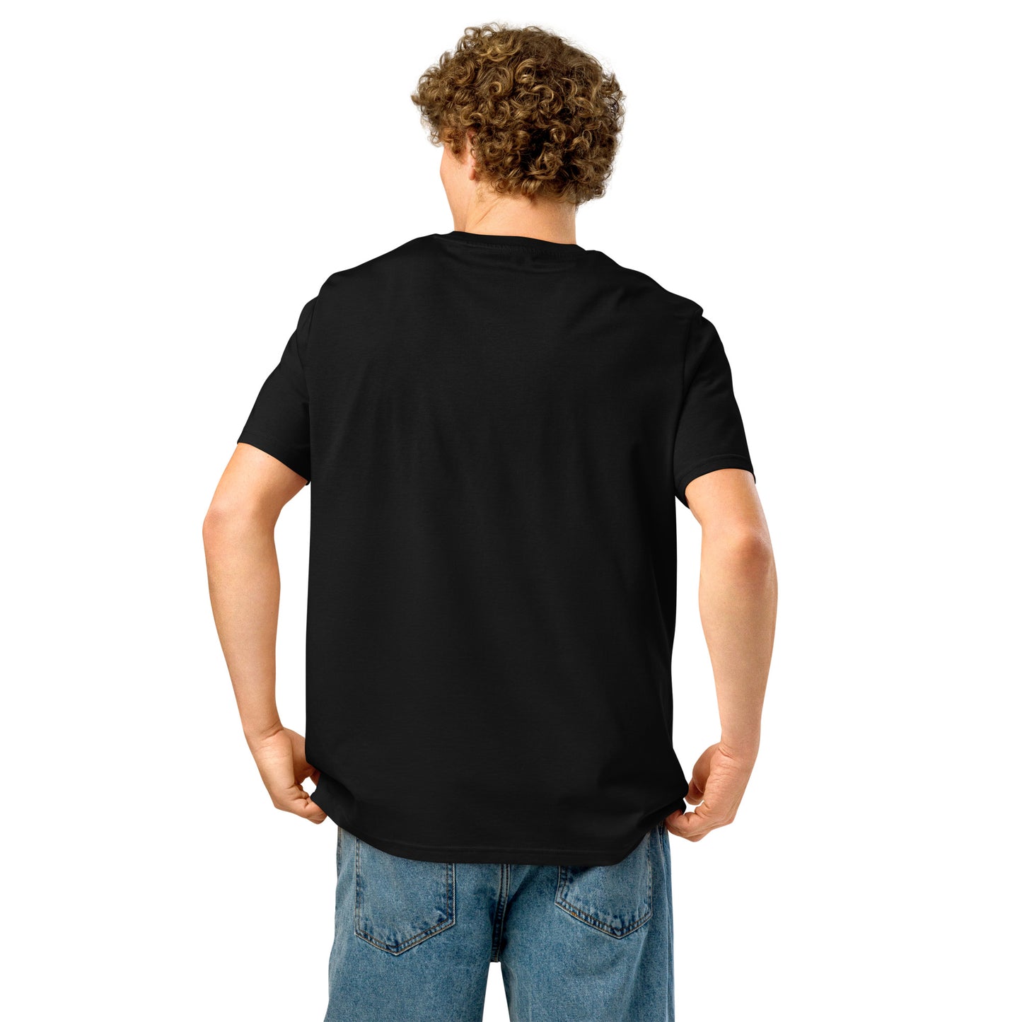 Back view of a black unisex organic ribbed neck t-shirt from PJ Designs