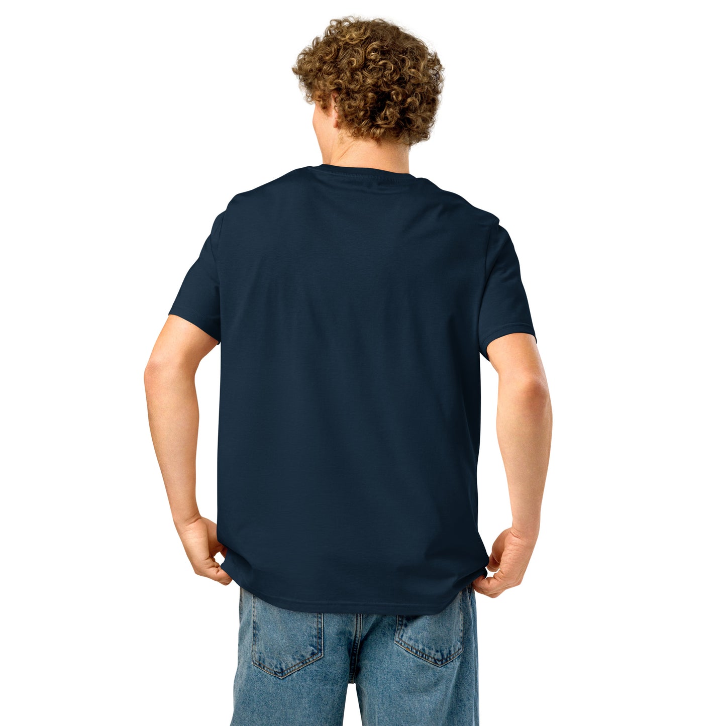 Back view of a navy blue unisex organic ribbed neck t-shirt for comfortable casual wear