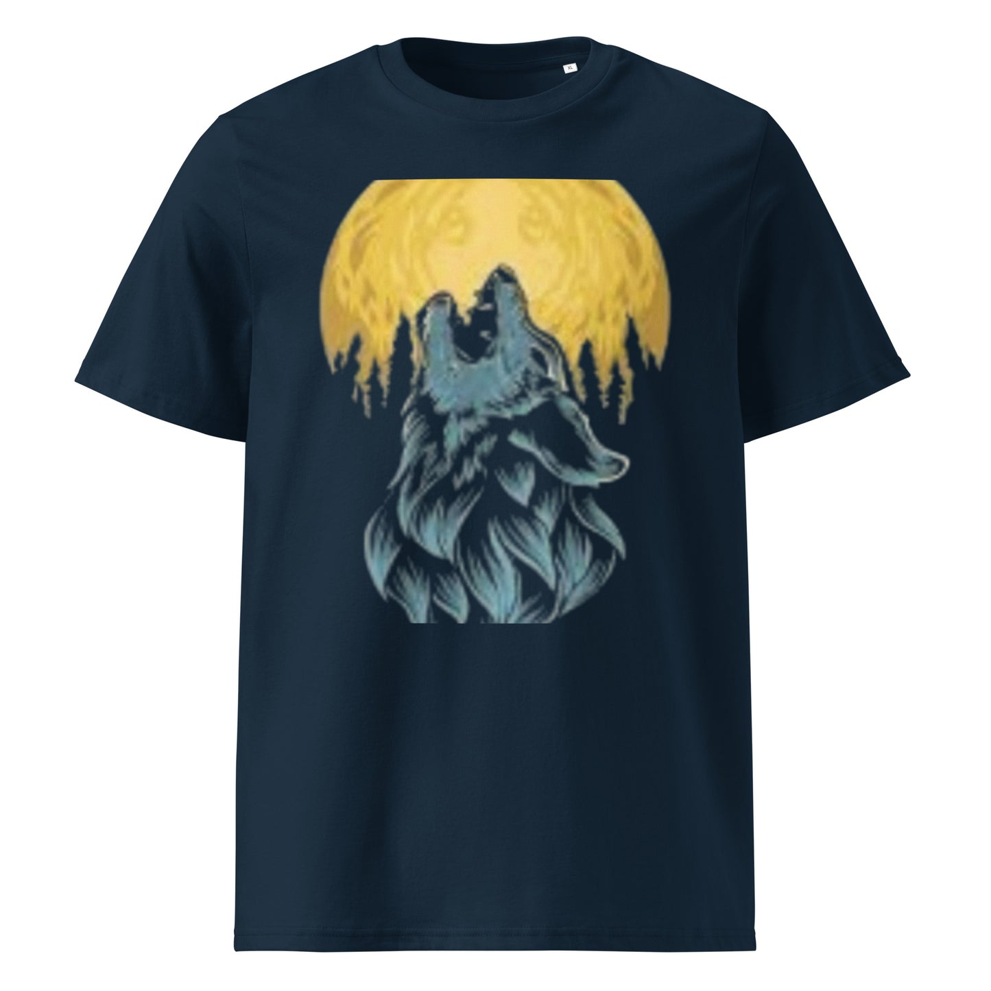 PJ Designs unisex organic ribbed neck t-shirt featuring a wolf graphic under a full moon