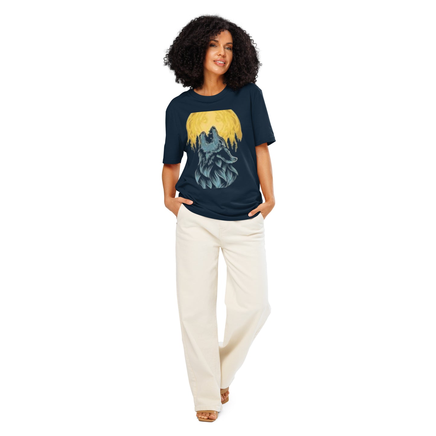 Model wearing a navy unisex organic ribbed neck t-shirt featuring a vibrant graphic design