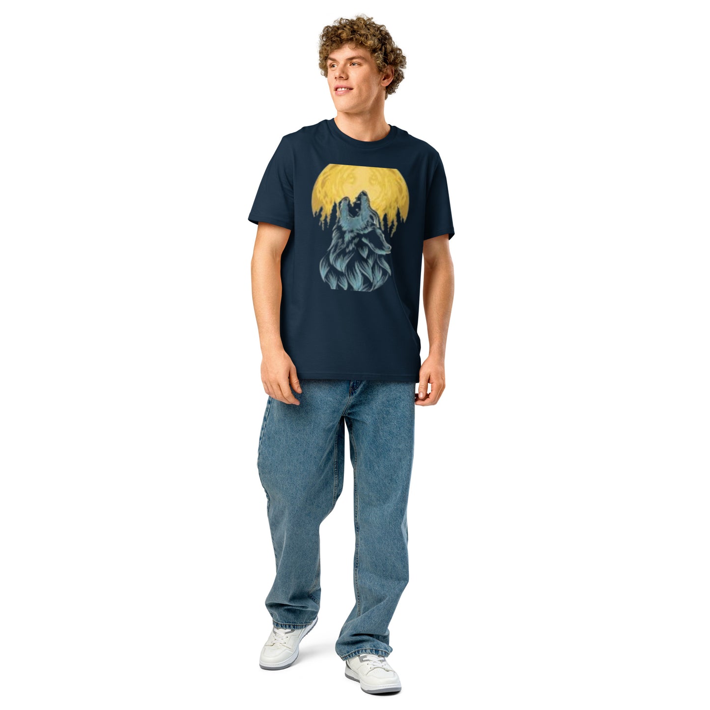 Model wearing unisex organic ribbed neck t-shirt with graphic design in navy color