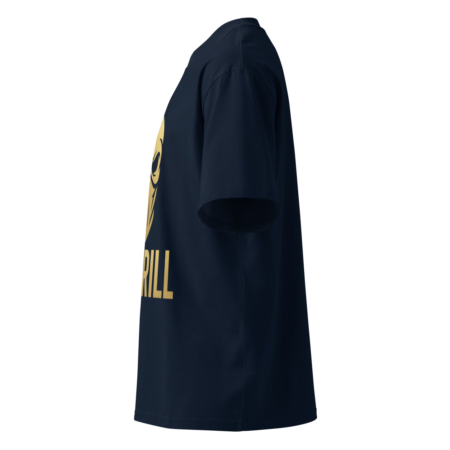 PJ Designs unisex UK drill fashion shirt in black with bold gold graphic on front