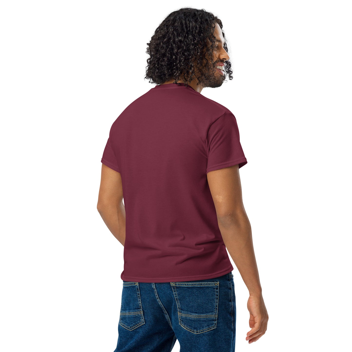PJ Designs model wearing maroon unisex DryBlend t-shirt back view with casual blue jeans
