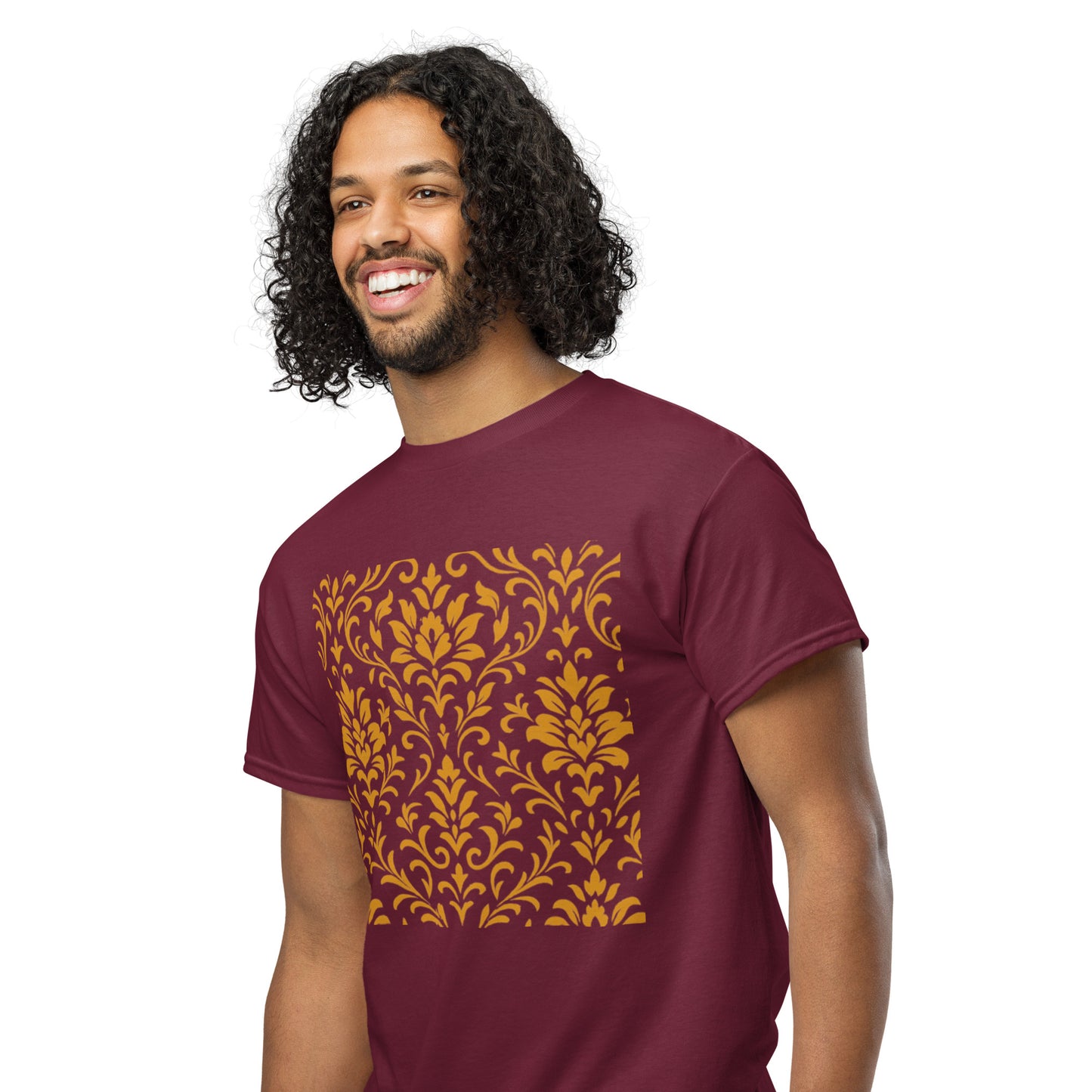 PJ Designs unisex DryBlend t-shirt burgundy with gold damask square print modeled by smiling man