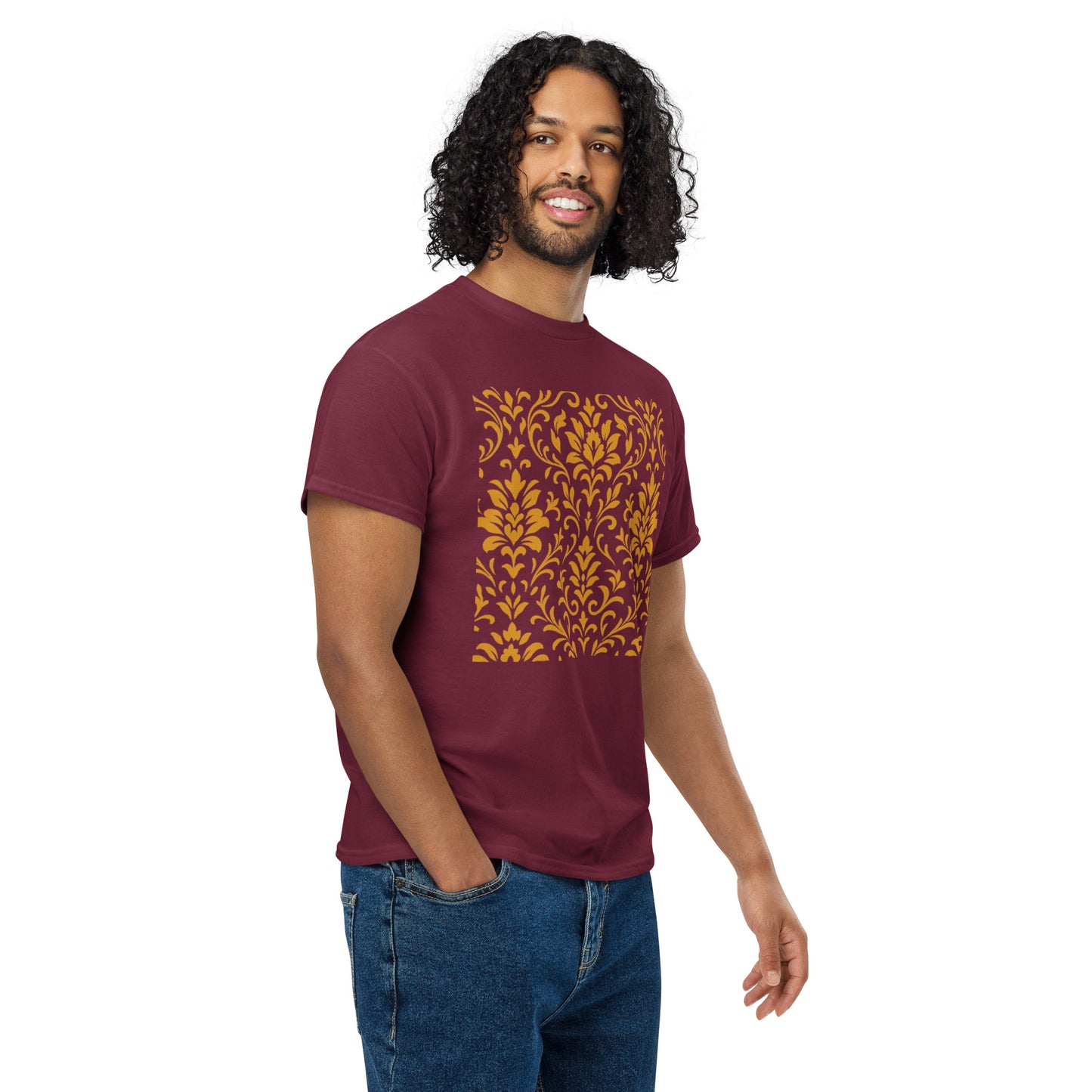 PJ Designs maroon unisex DryBlend t-shirt with gold ornate floral print worn by smiling male model