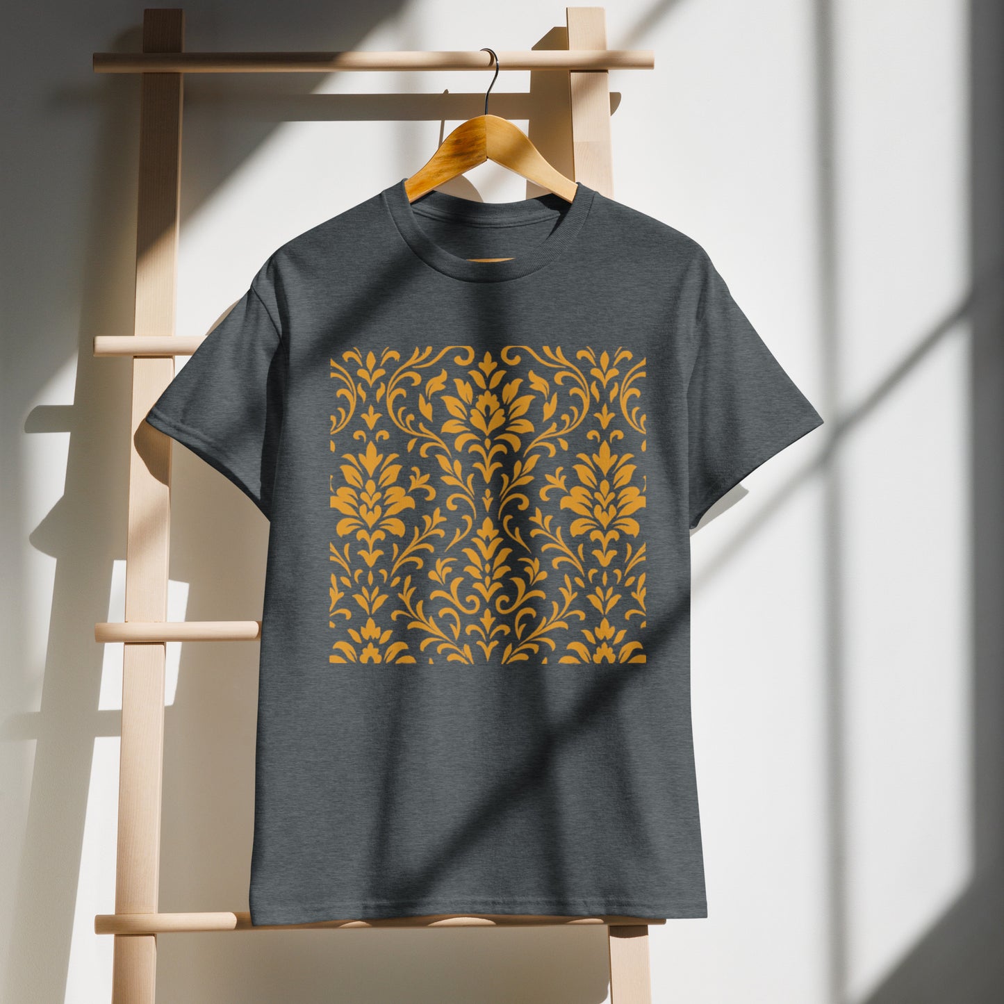 PJ Designs unisex DryBlend t-shirt charcoal gray with gold ornate damask square print on hanger