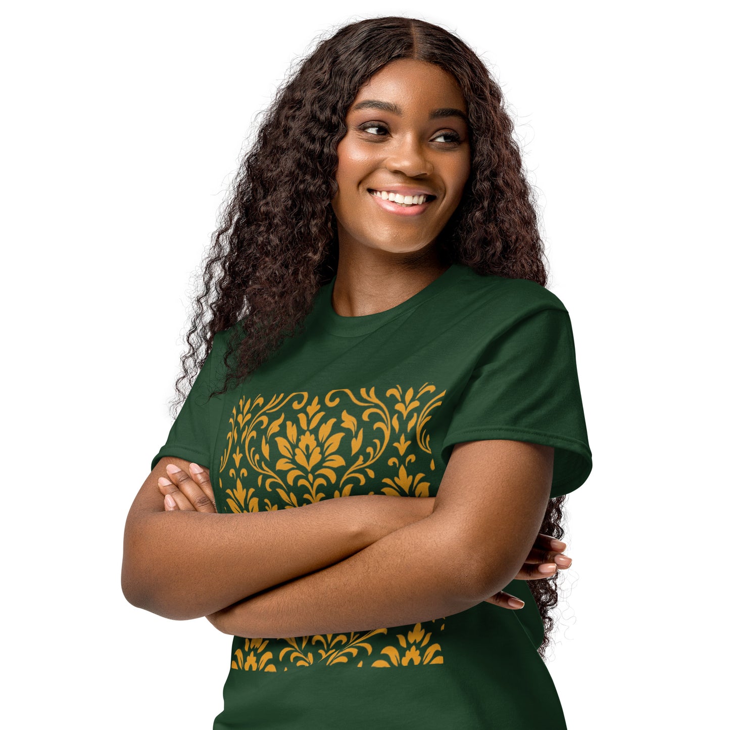 Smiling woman wearing PJ Designs unisex DryBlend t-shirt in forest green with gold floral damask print and arms crossed