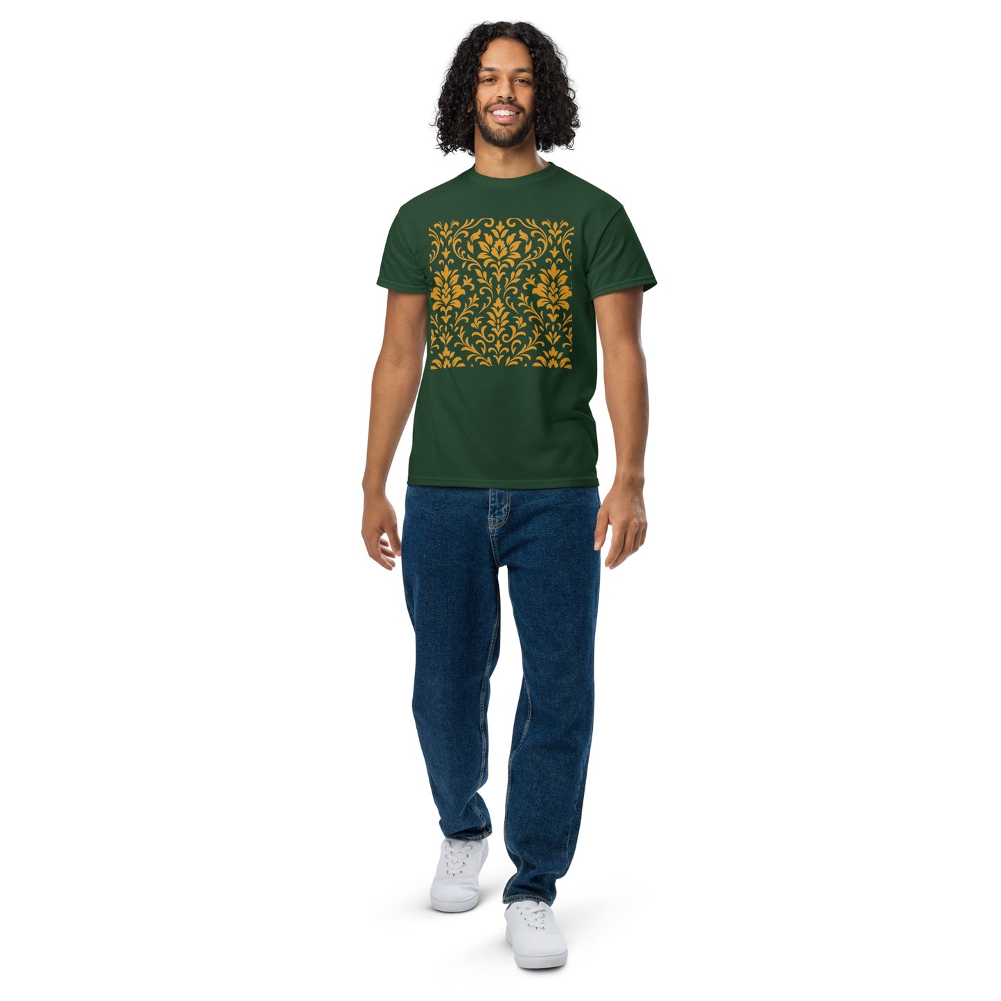 PJ Designs unisex DryBlend t-shirt forest green with gold damask square print worn by smiling male model