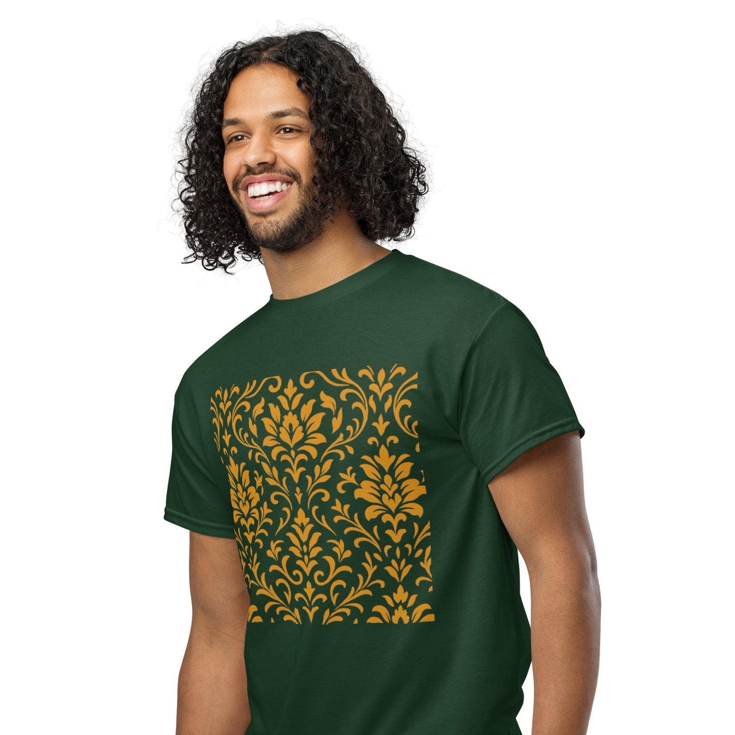 PJ Designs unisex DryBlend t-shirt green with gold damask square print worn by smiling male model with curly hair