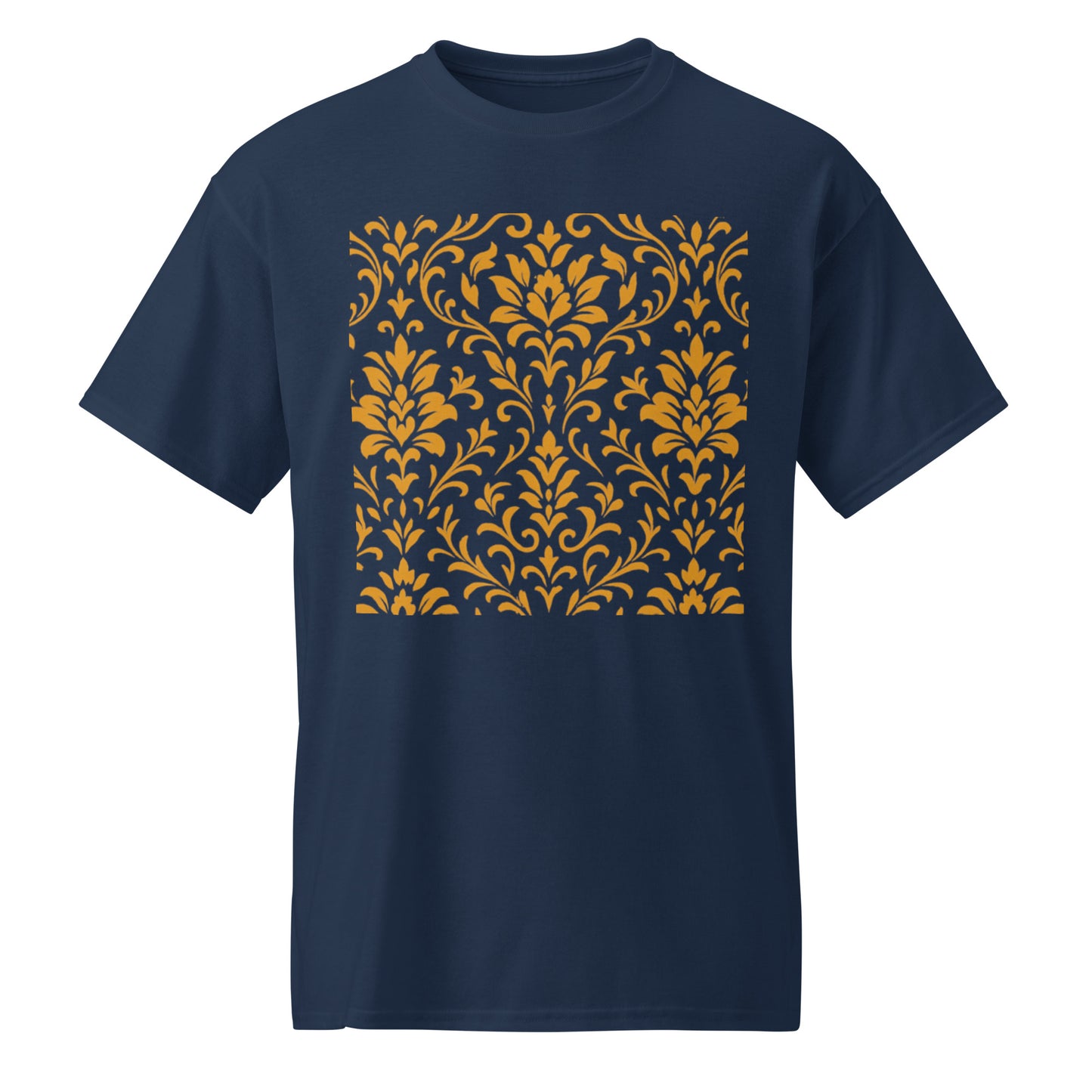 PJ Designs navy unisex DryBlend t-shirt with gold damask floral square print centered on front