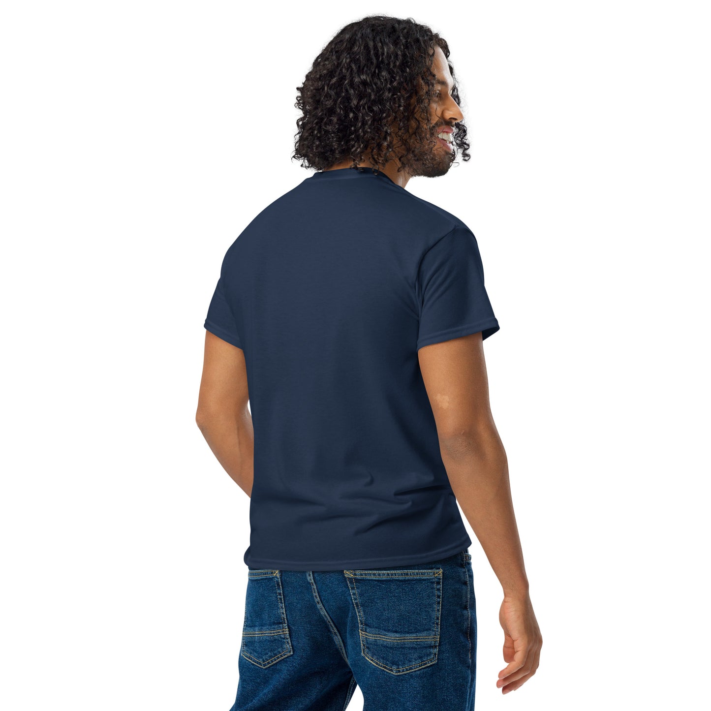 Back view of model wearing PJ Designs navy unisex DryBlend t-shirt with relaxed fit and short sleeves
