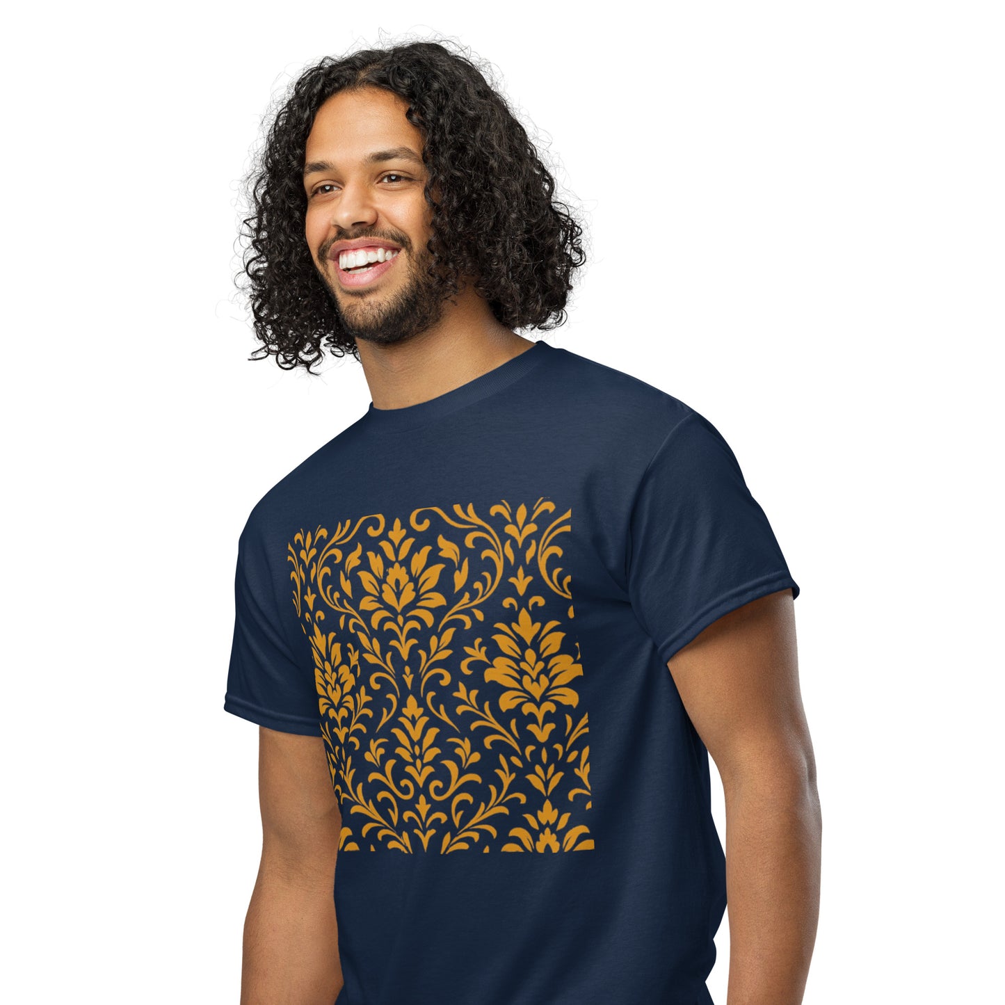 PJ Designs unisex DryBlend t-shirt navy with gold damask square print shown on smiling male model