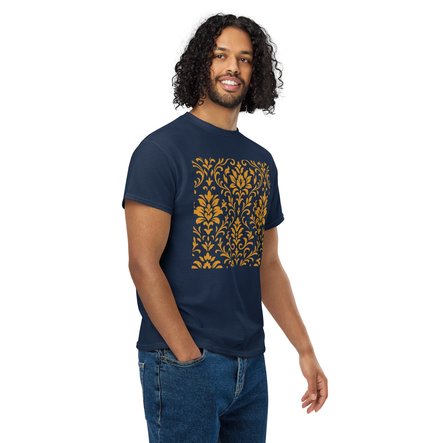 PJ Designs navy unisex DryBlend t-shirt with gold ornate floral square print worn by male model in jeans