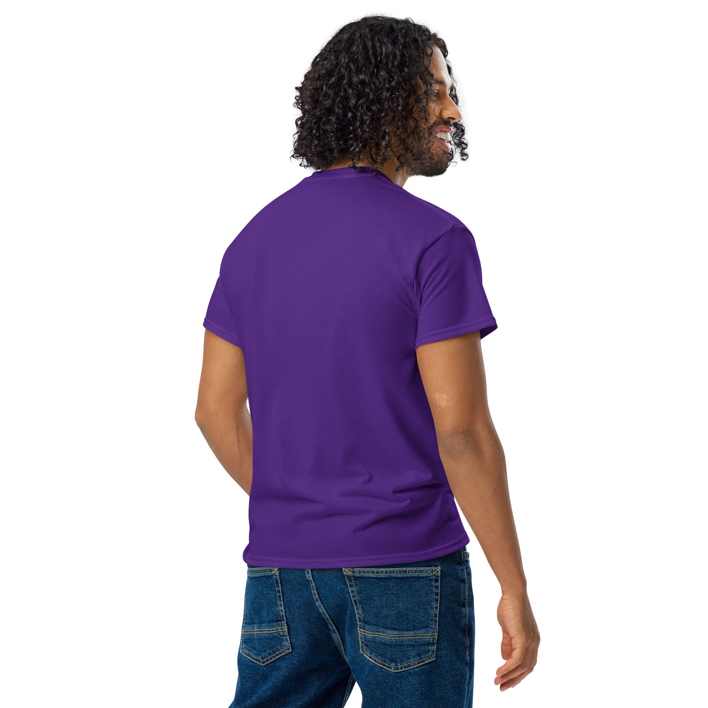 PJ Designs purple unisex DryBlend t-shirt worn by smiling man in jeans back view looking over shoulder