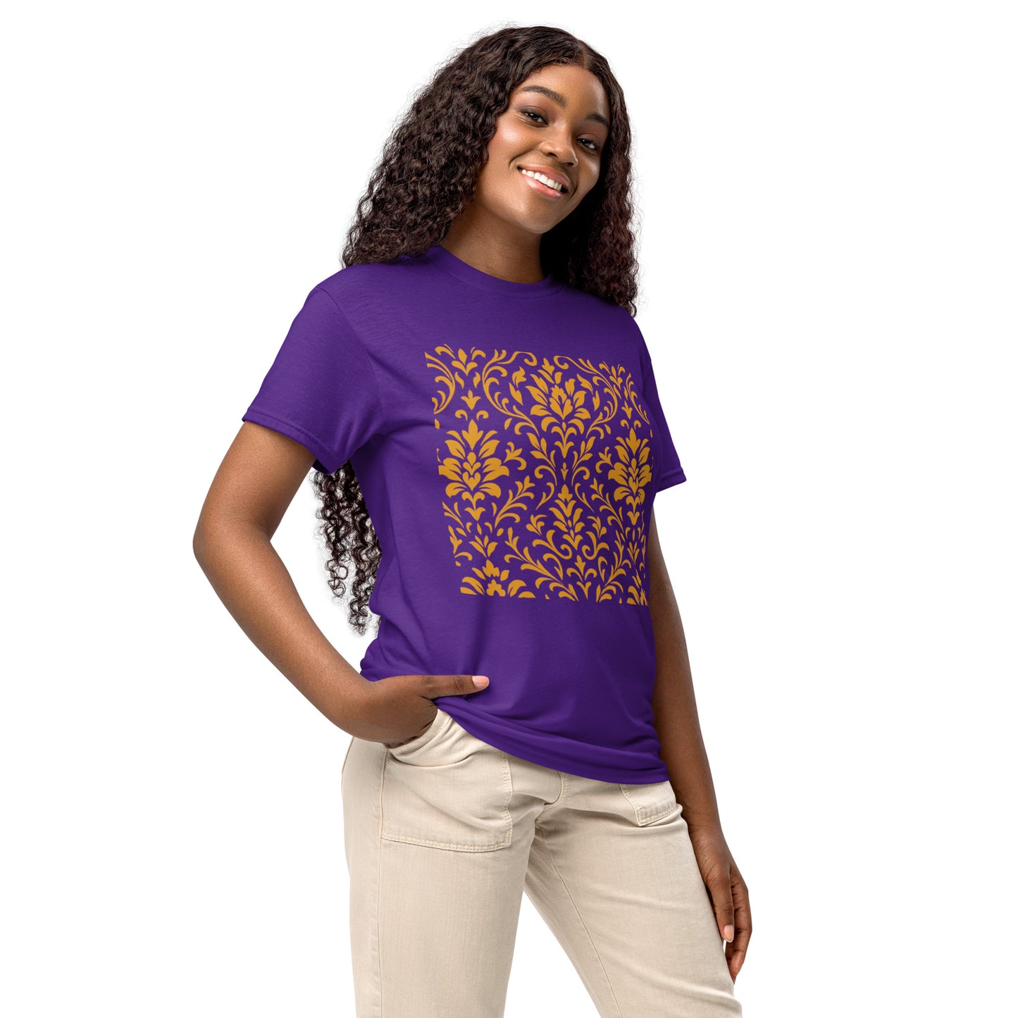 PJ Designs purple unisex DryBlend t-shirt with gold ornate floral square print worn by model
