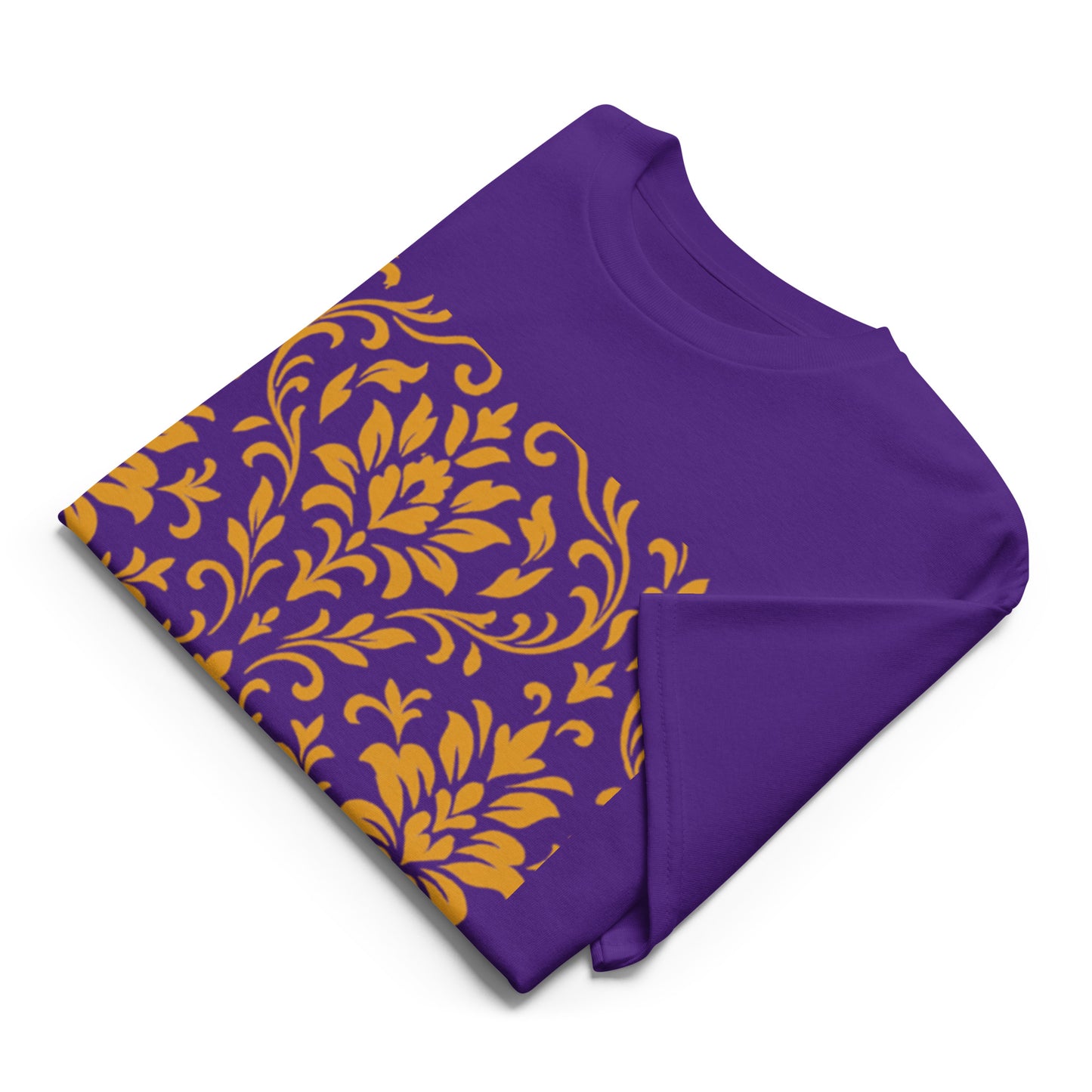 PJ Designs unisex DryBlend t-shirt folded purple with gold floral damask print breathable performance tee