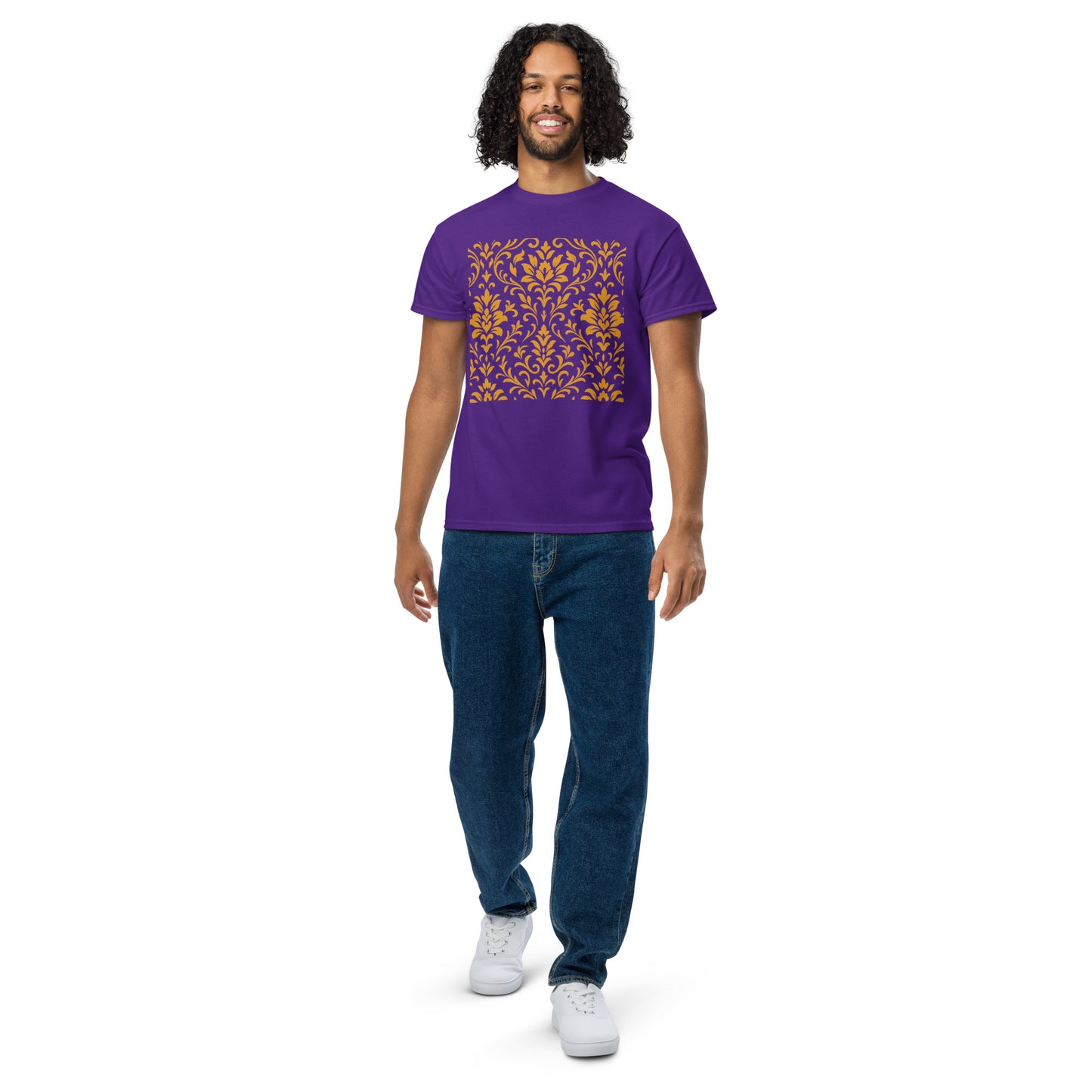 PJ Designs unisex DryBlend t-shirt purple with orange floral square print modeled by smiling man in jeans