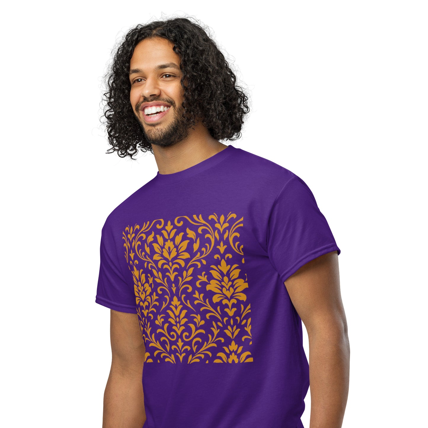 PJ Designs unisex DryBlend t-shirt purple with gold damask print shown on smiling male model with curly hair