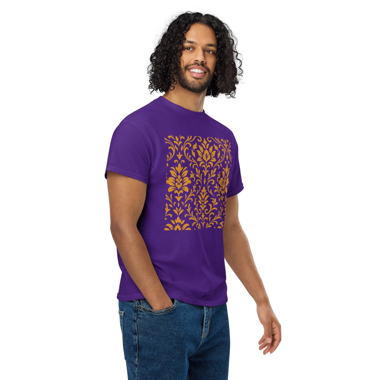 PJ Designs unisex DryBlend t-shirt purple with gold damask print worn by smiling male model in jeans