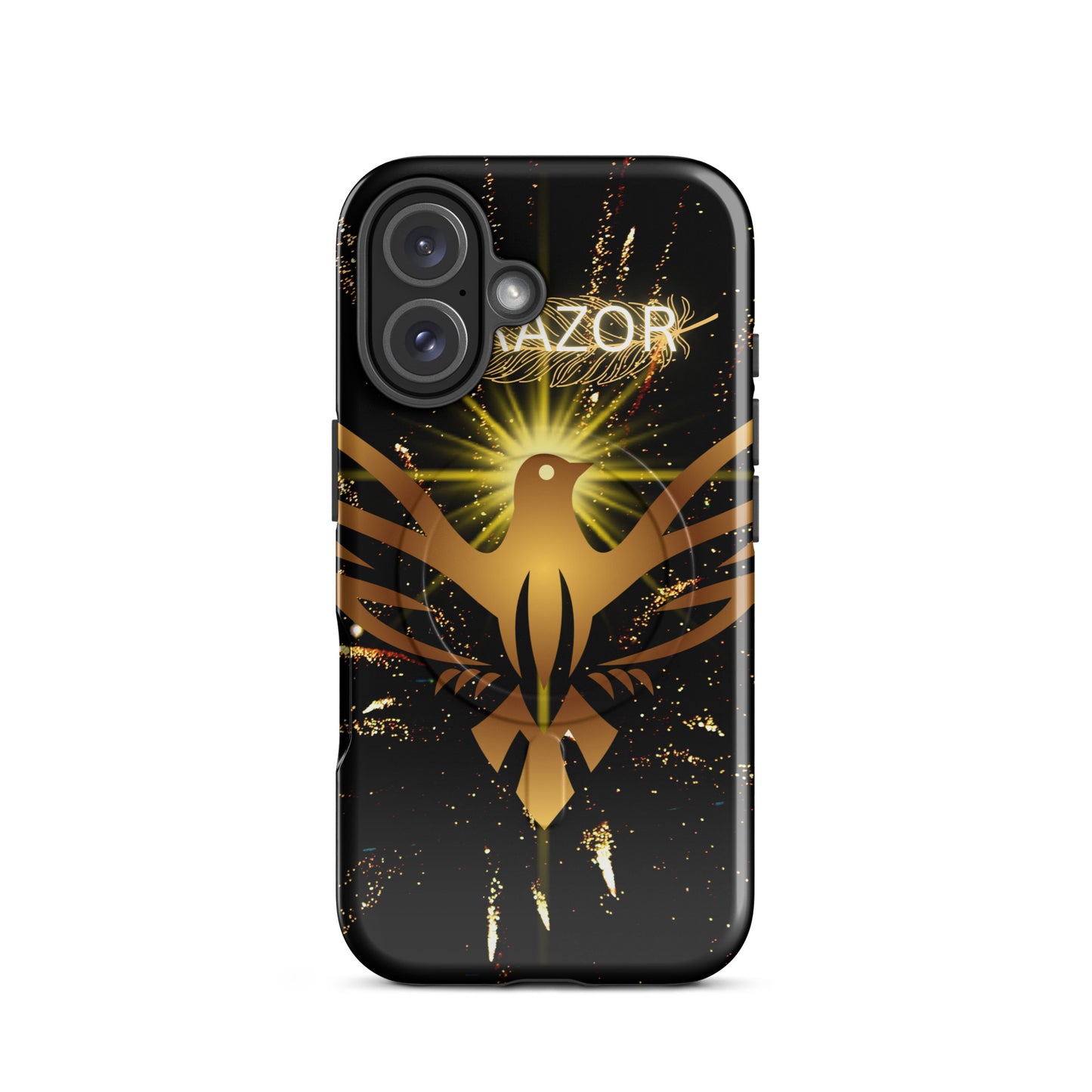 Durable iPhone case with MagSafe compatibility from PJ Designs featuring gold phoenix design on black background