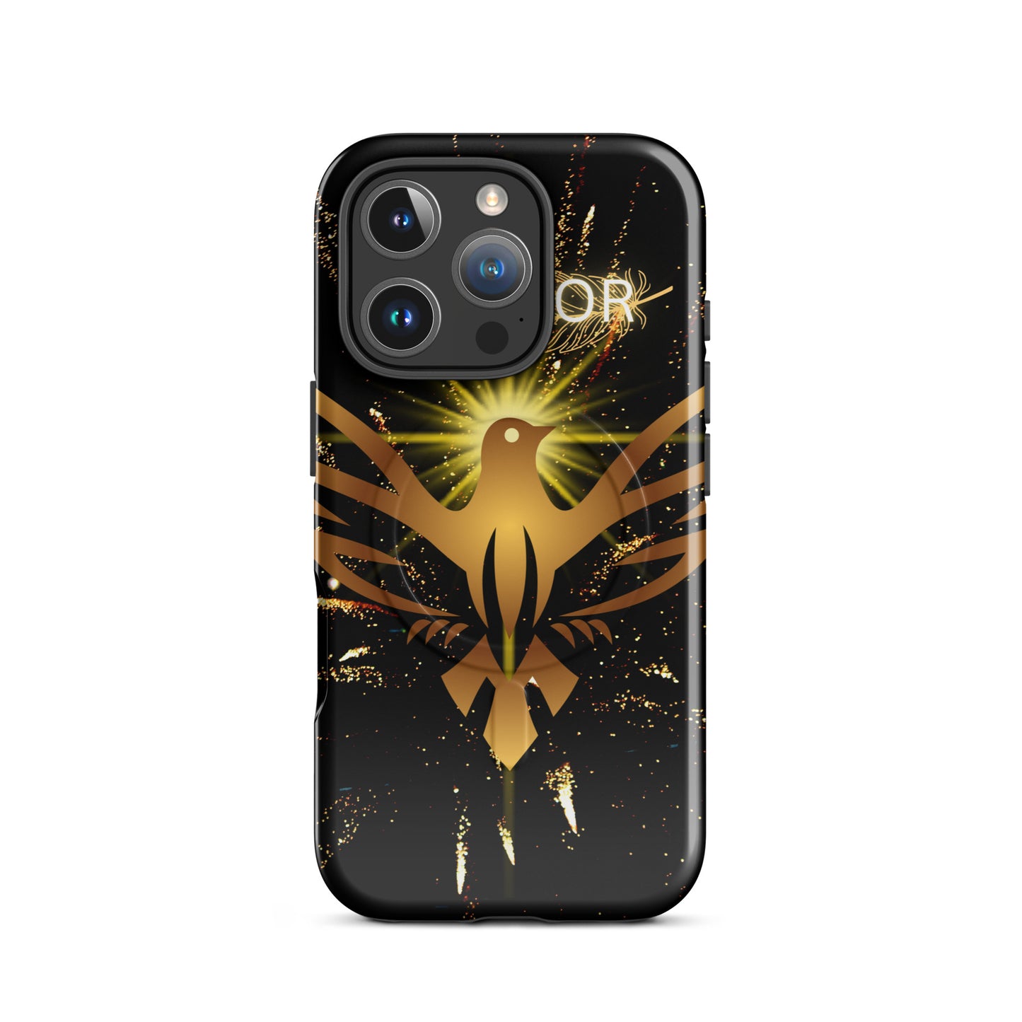 Durable iPhone case with MagSafe compatibility by PJ Designs featuring gold phoenix graphic on black background