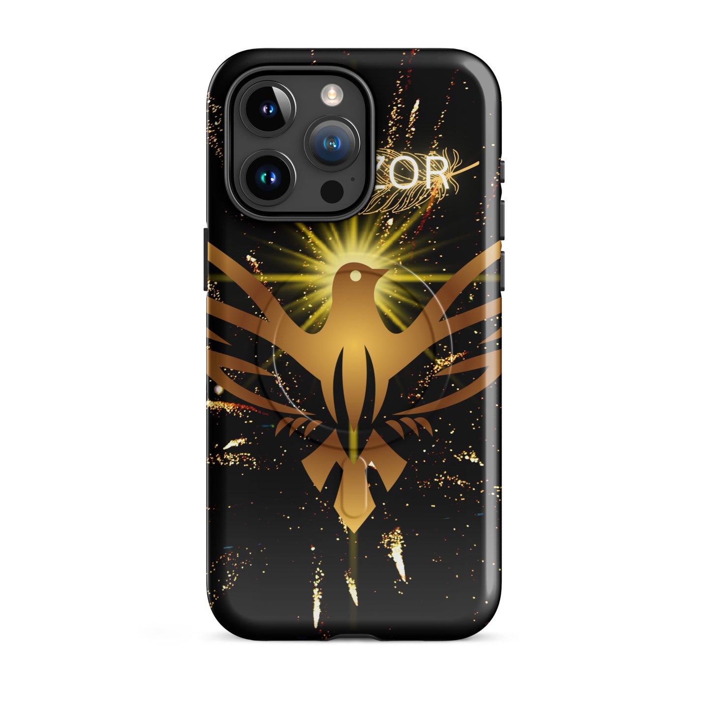 Durable iPhone case with MagSafe compatibility by PJ Designs featuring a gold phoenix design on black background