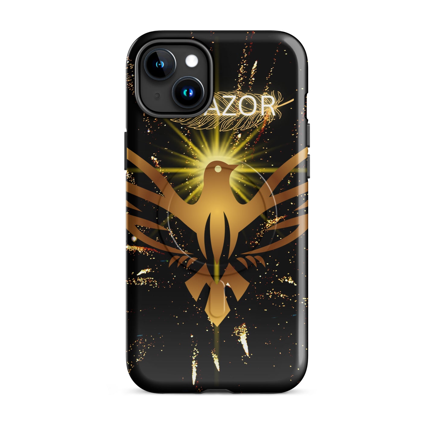 Durable iPhone case with MagSafe compatibility by PJ Designs featuring a golden phoenix design on black background