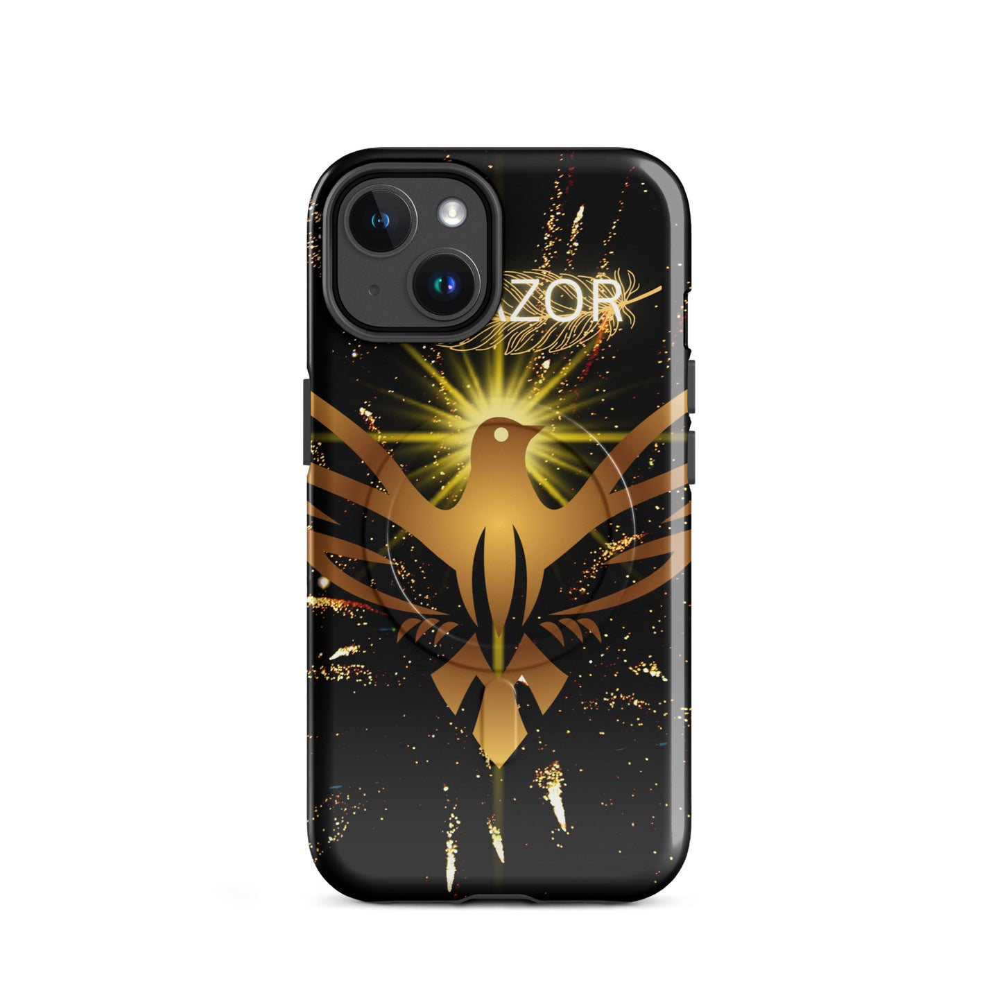 PJ Designs durable iPhone case with MagSafe compatibility featuring gold phoenix on black background