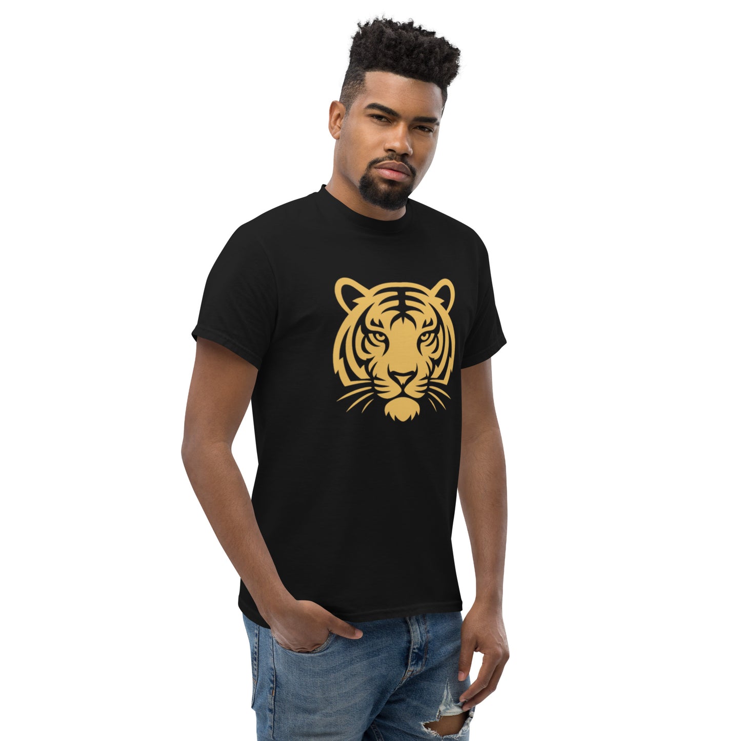 PJ Designs model in black tee with gold tiger face print tiger graphic tee for men and women casual