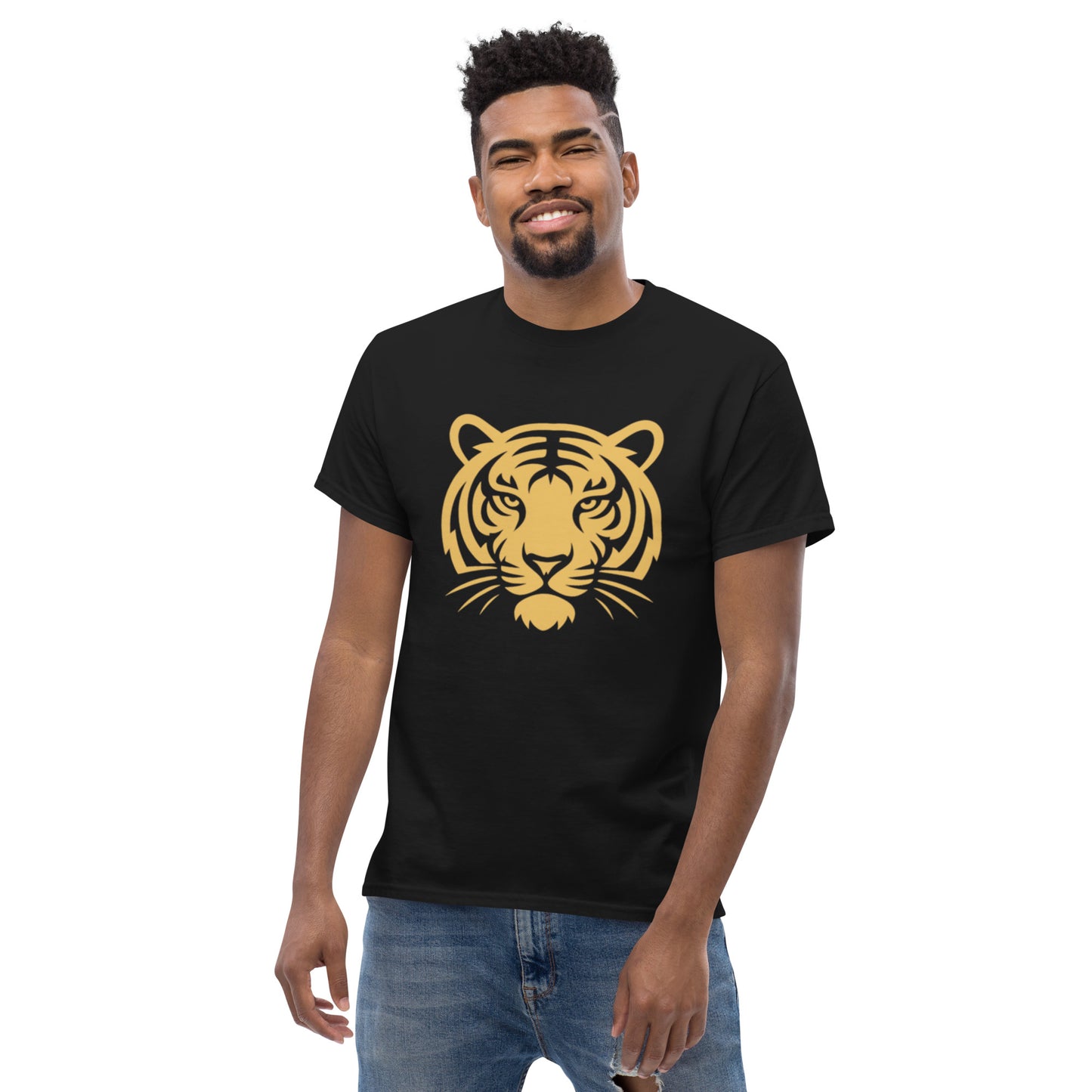 Smiling man wearing PJ Designs black tiger graphic tee for men and women with gold tiger head print casual fit