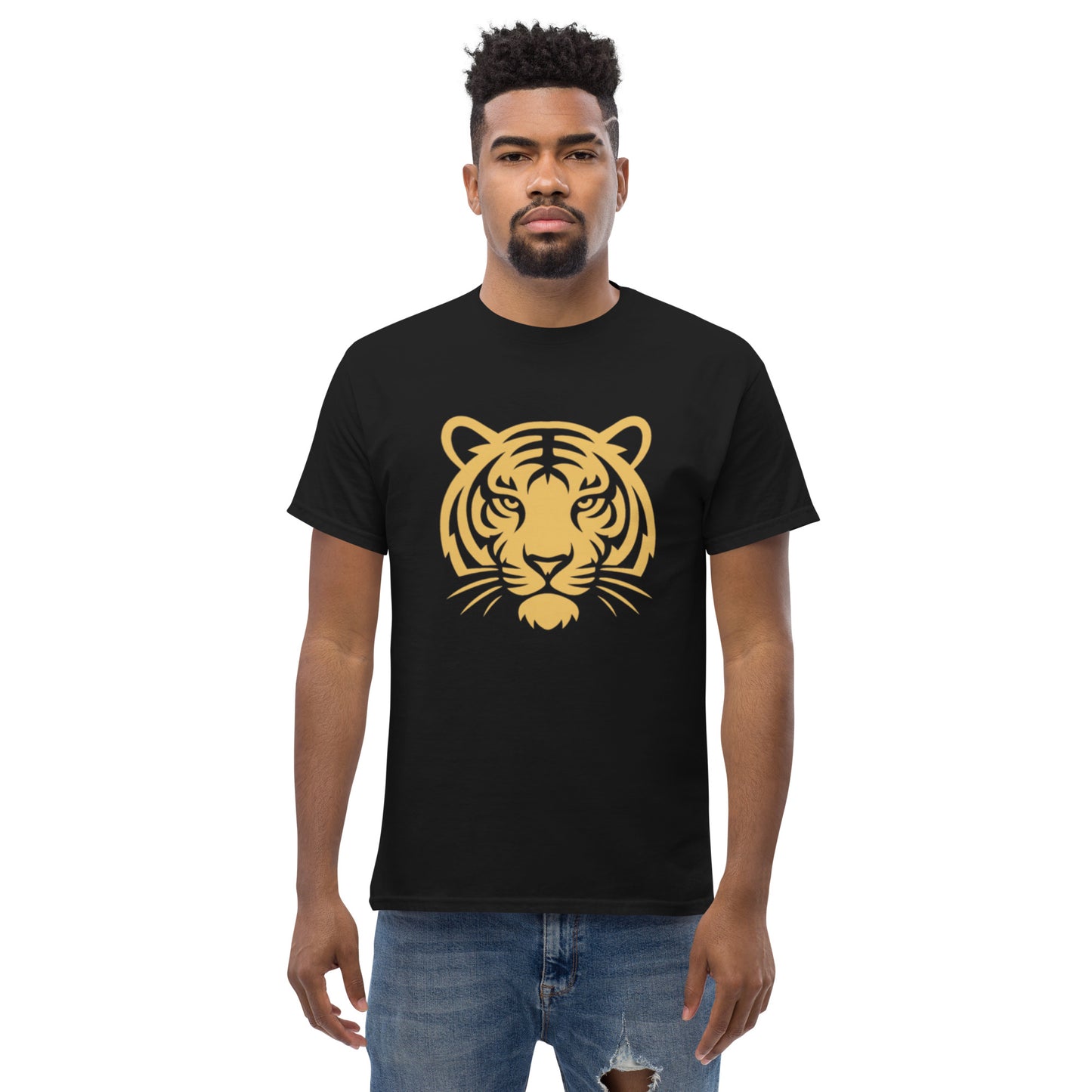PJ Designs black t shirt with gold tiger face print on unisex model tiger graphic tee for men and women