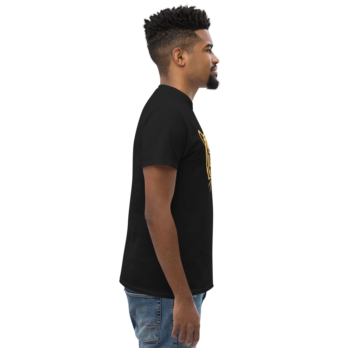 PJ Designs black t shirt side view on male model featuring yellow tiger graphic tee for men and women casual streetwear