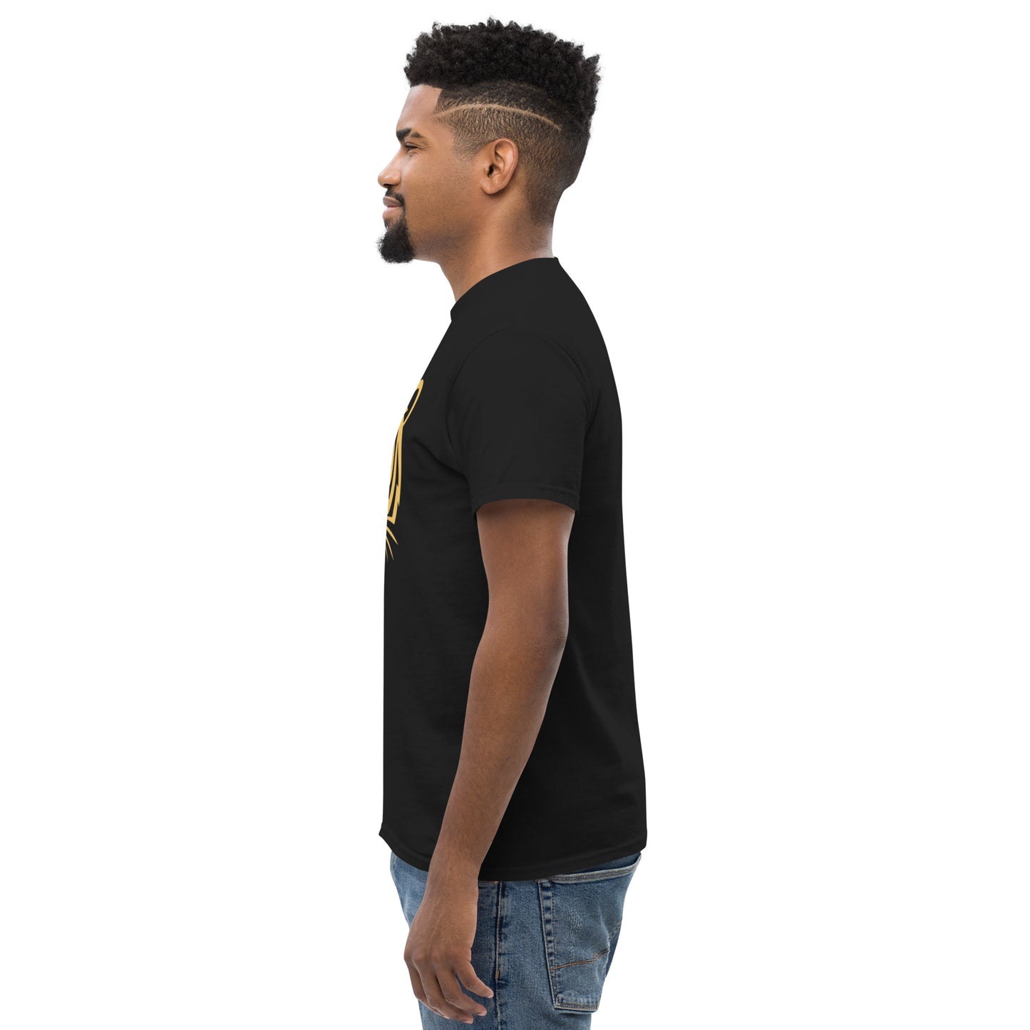 PJ Designs model wearing black tiger graphic tee for men and women side profile showing fit and sleeve length