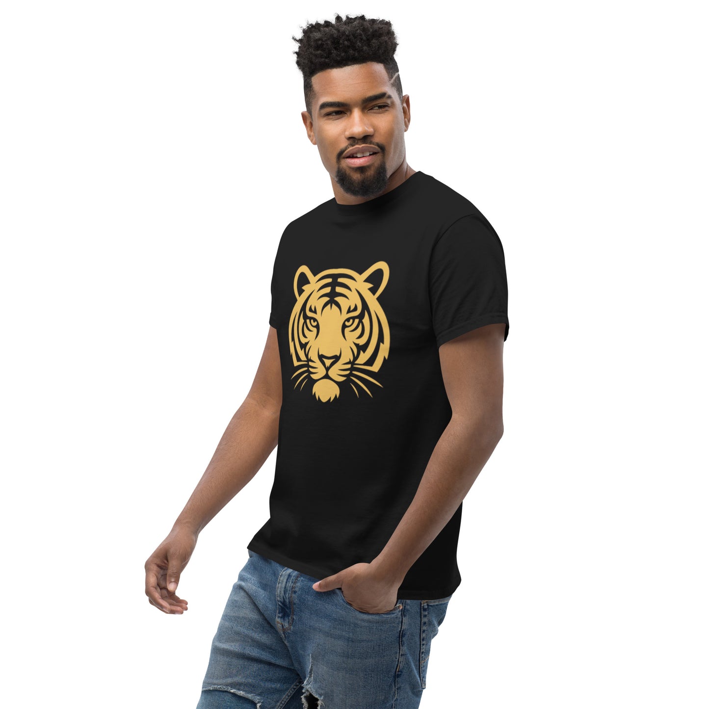PJ Designs black t shirt with gold tiger face print worn by male model tiger graphic tee for men and women