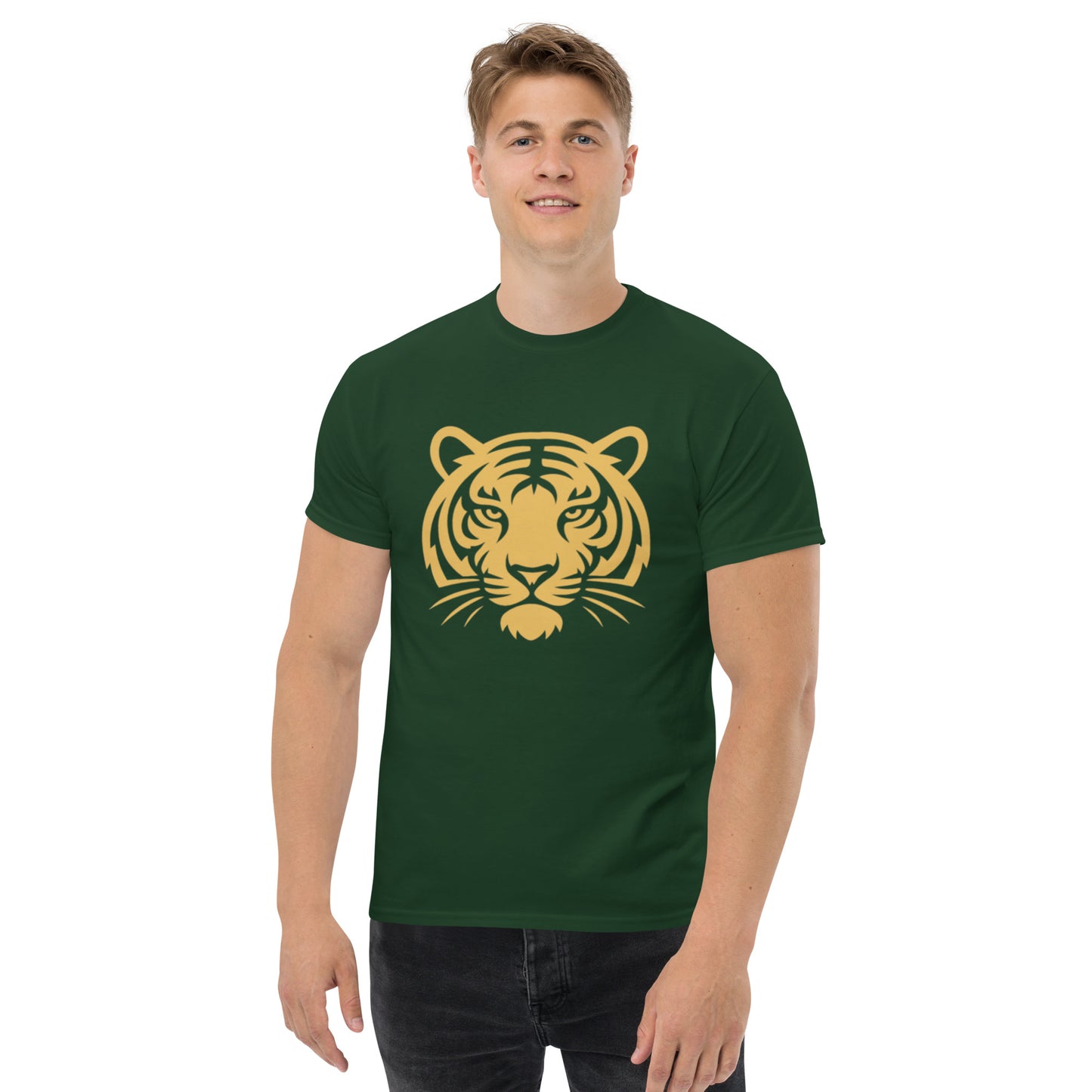 PJ Designs dark green unisex tee with large gold tiger face print worn by male model tiger graphic tee for men and women