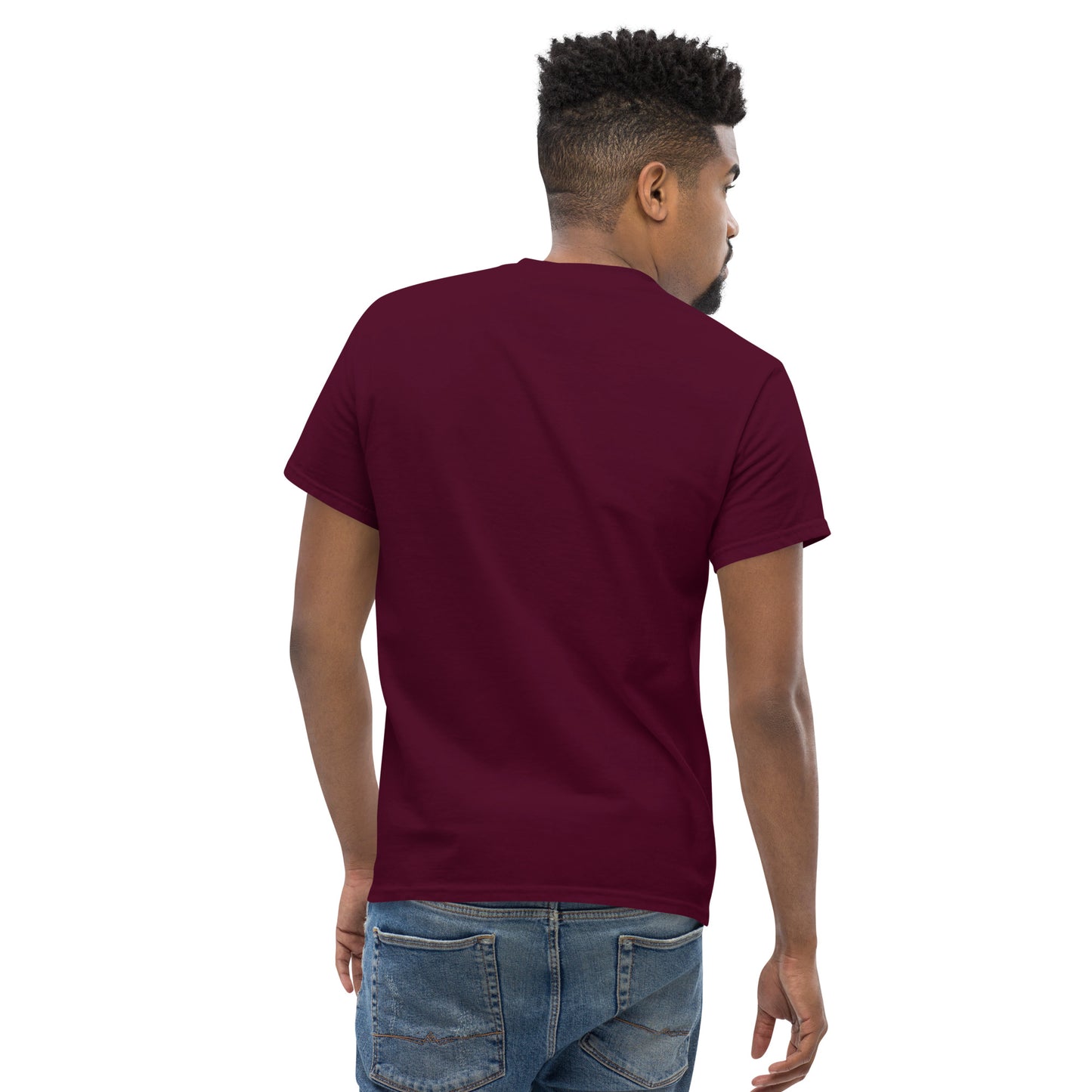 Back view of maroon PJ Designs tiger graphic tee for men and women worn by male model with jeans