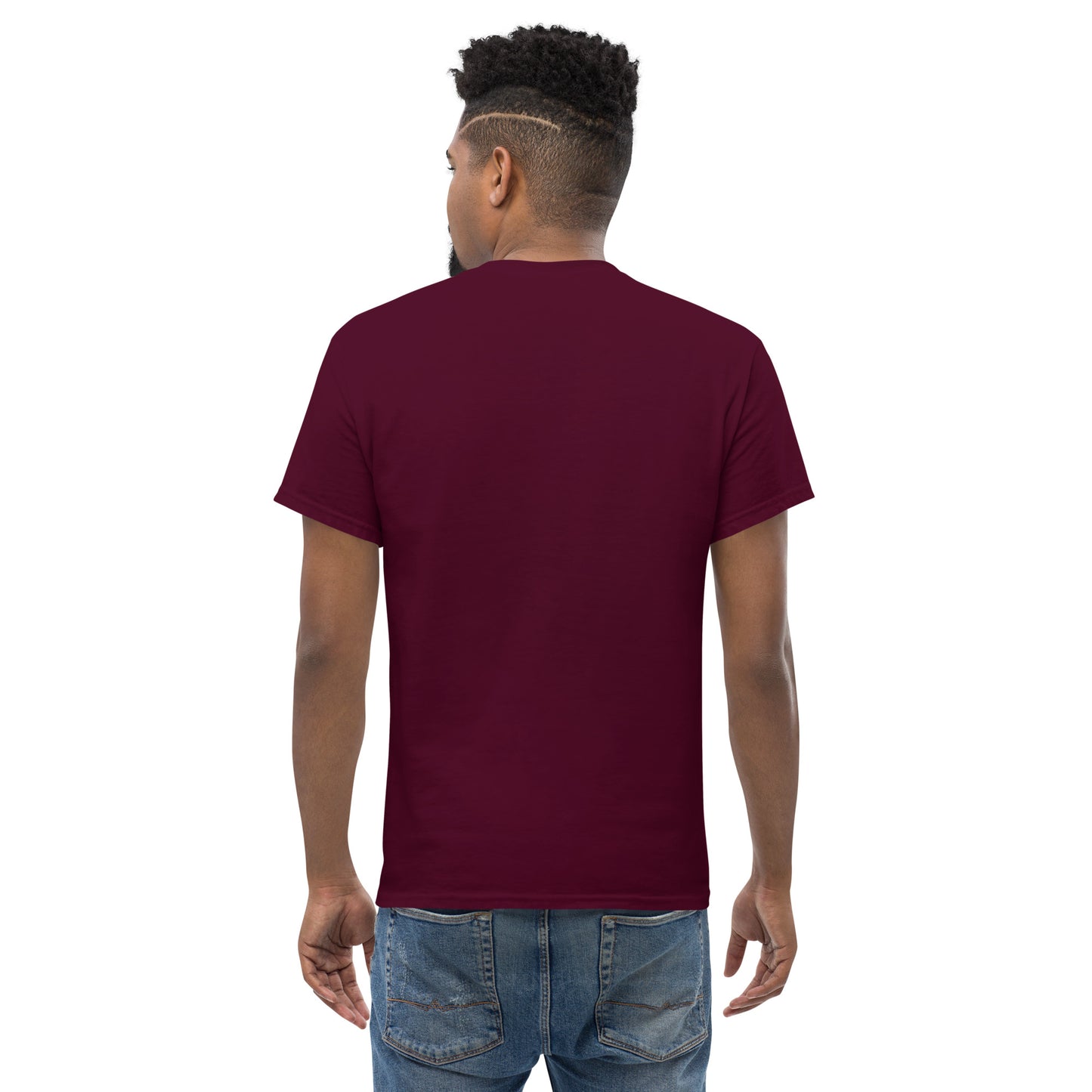 Back view of PJ Designs tiger graphic tee for men and women in maroon on male model showing fit
