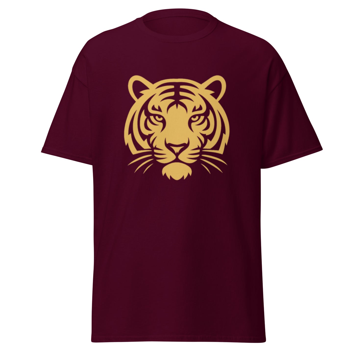 PJ Designs maroon t shirt with gold stylized tiger face print tiger graphic tee for men and women