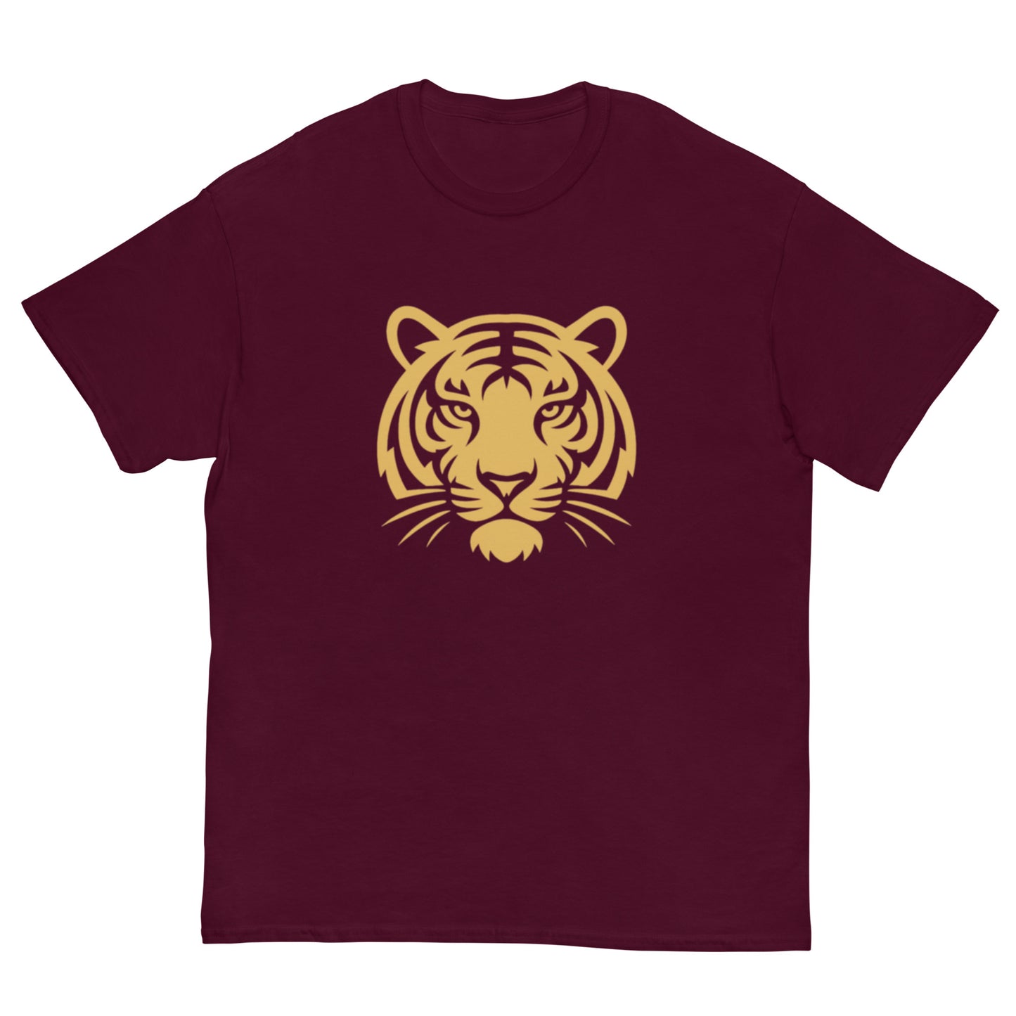 PJ Designs maroon cotton t shirt with bold gold tiger head print tiger graphic tee for men and women