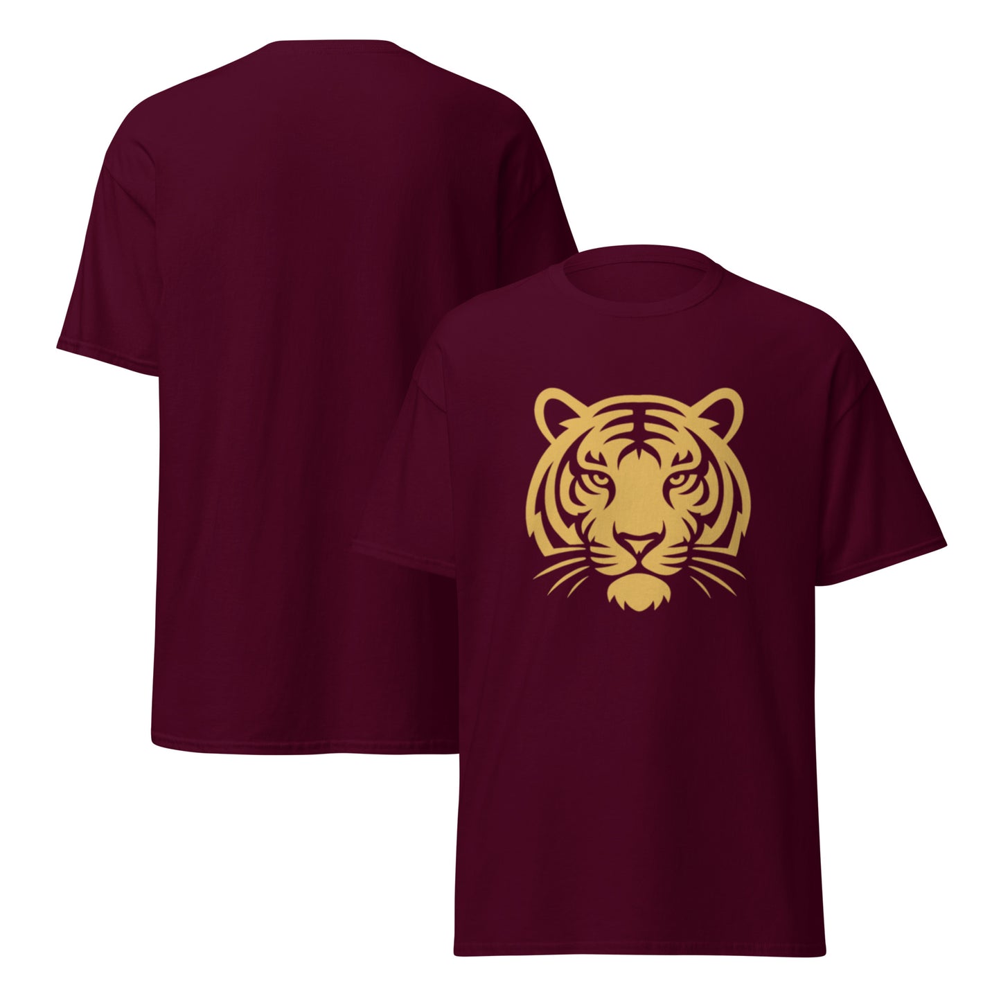 PJ Designs maroon tee with gold tiger head print shown front and back tiger graphic tee for men and women