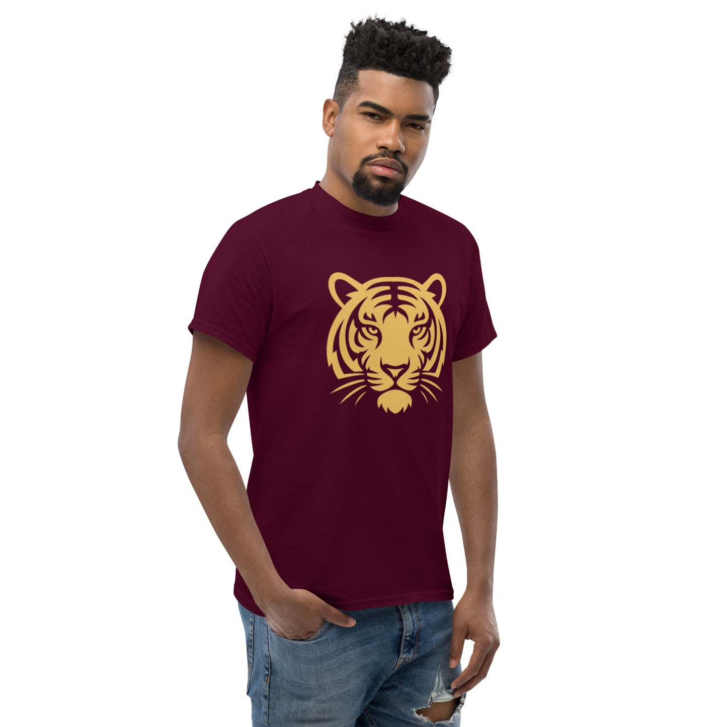 PJ Designs maroon tee with gold tiger print worn by model casual fit tiger graphic tee for men and women