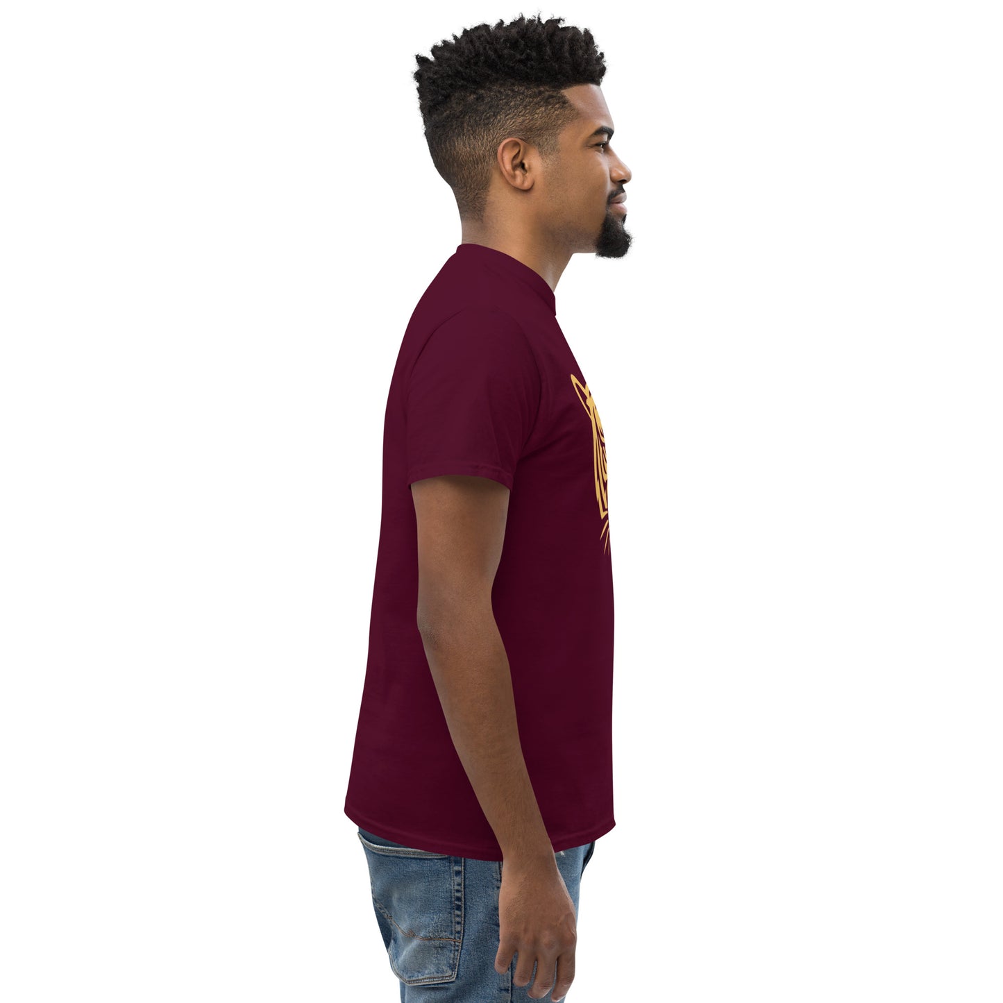 PJ Designs maroon short sleeve shirt on male model side view featuring tiger graphic tee for men and women