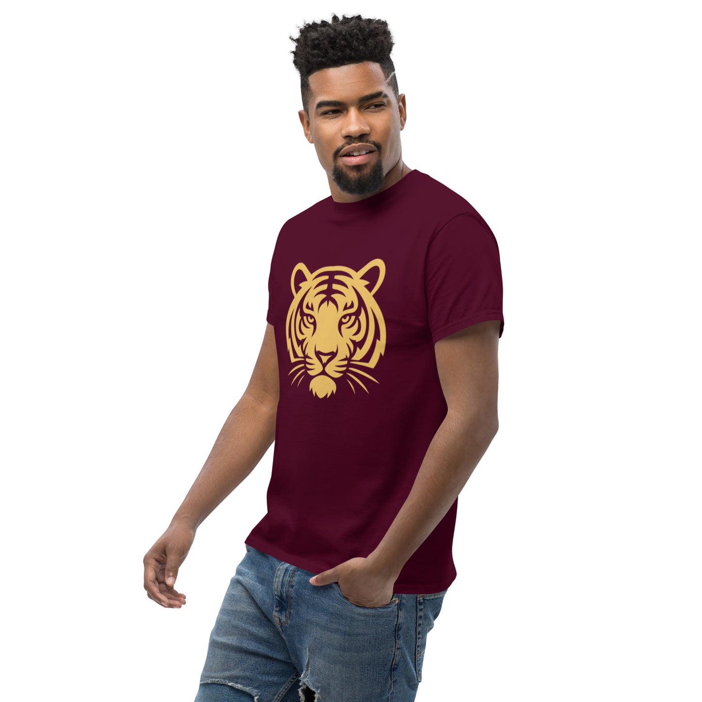 PJ Designs maroon crew neck shirt with gold tiger face print worn by male model tiger graphic tee for men and women