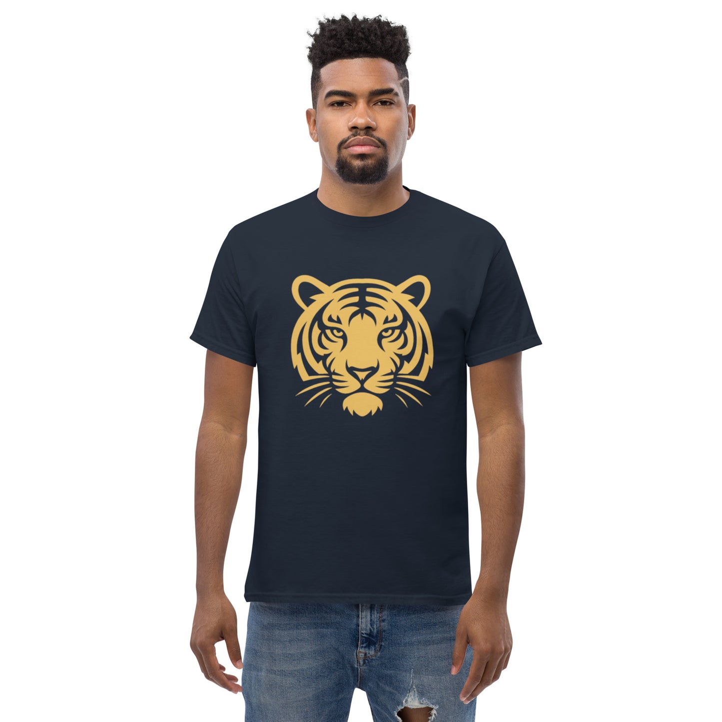 PJ Designs navy tshirt with gold tiger head print worn by male model tiger graphic tee for men and women