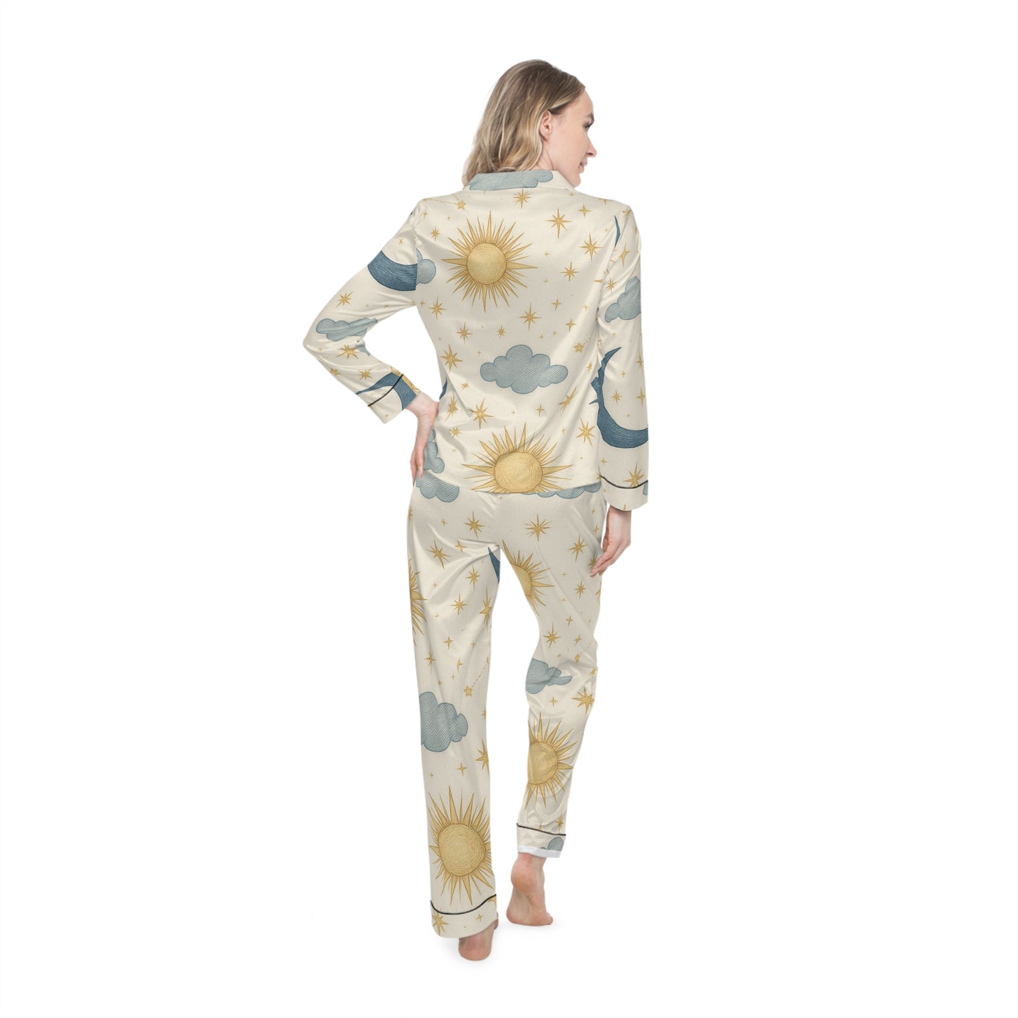 Back view of women's satin pajamas set by PJ Designs with sun, moon, and cloud all over prints