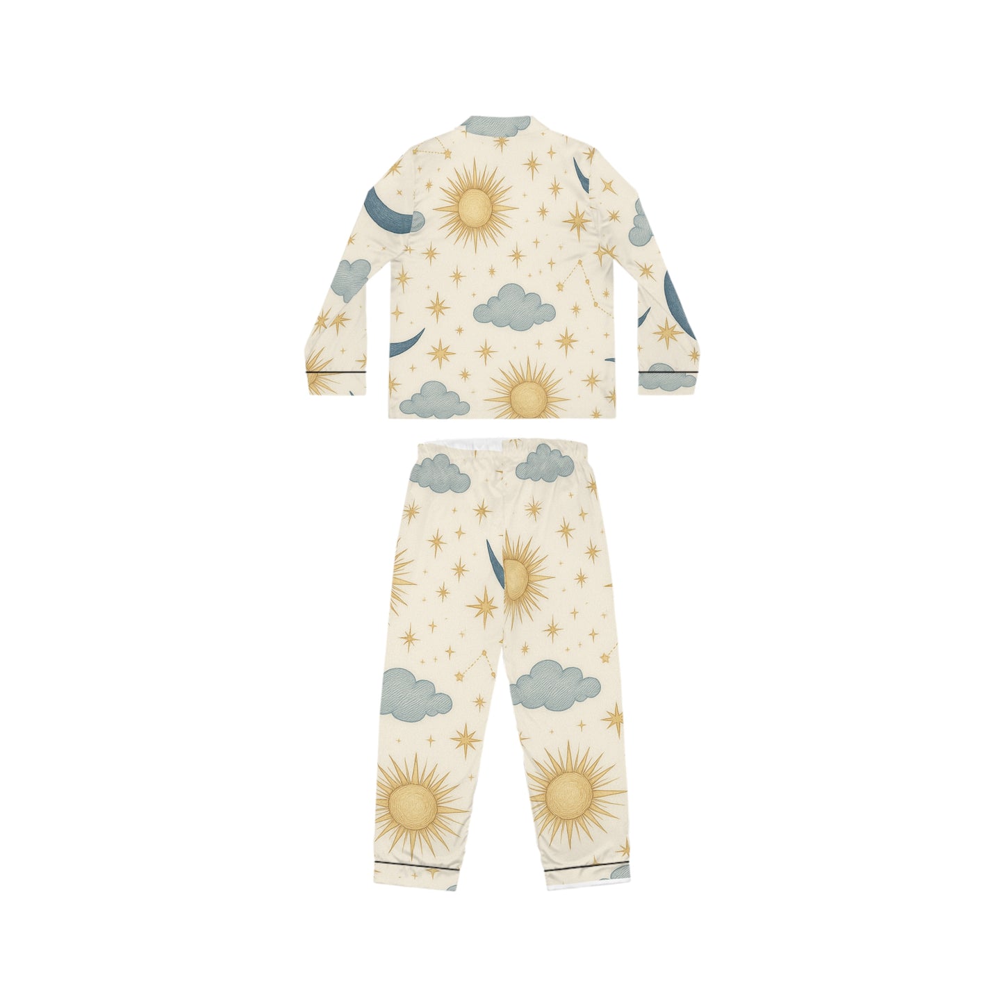 PJ Designs women's satin pajamas set with celestial sun moon and cloud all over prints