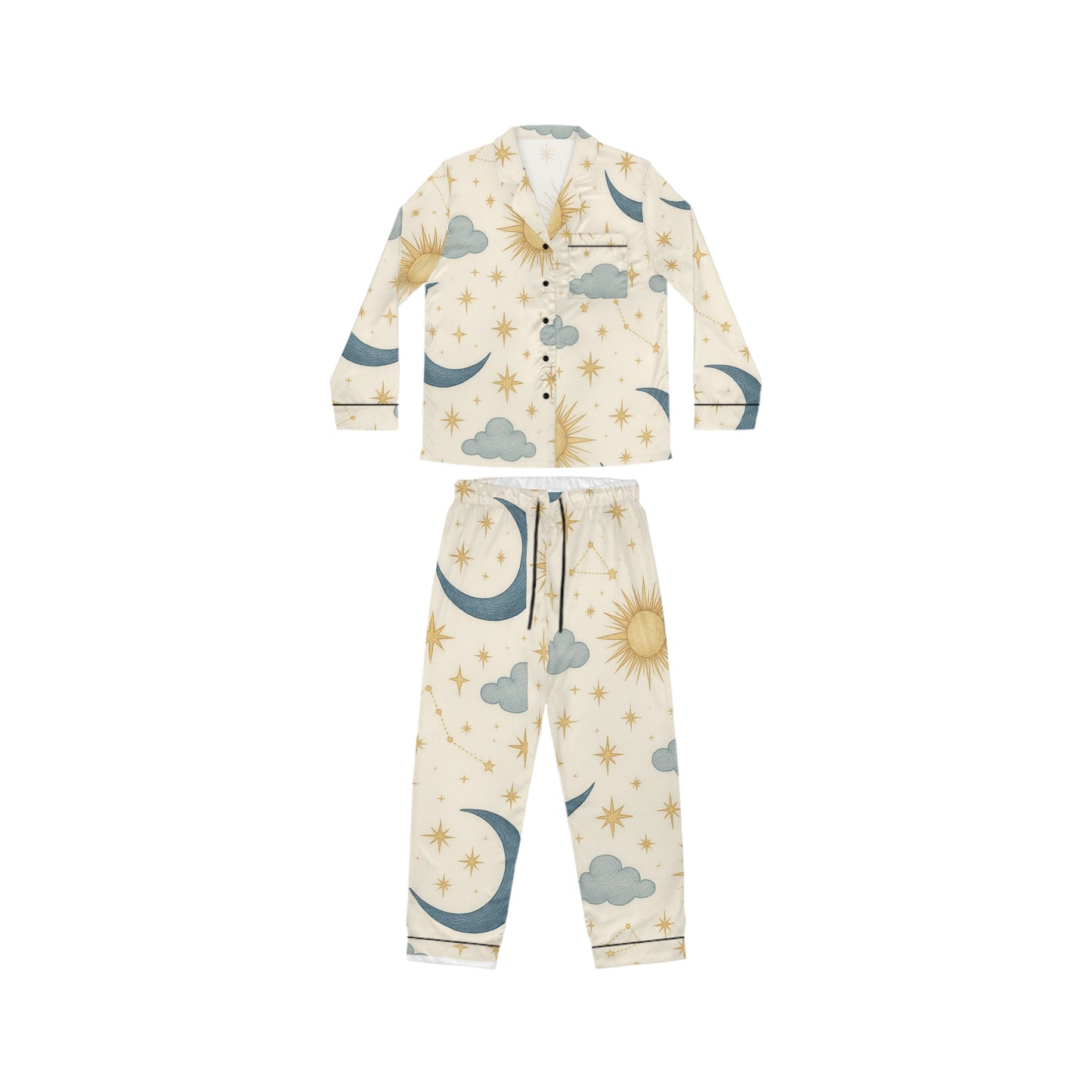 PJ Designs women's satin pajamas set with all over prints of moons suns and clouds in cream tones