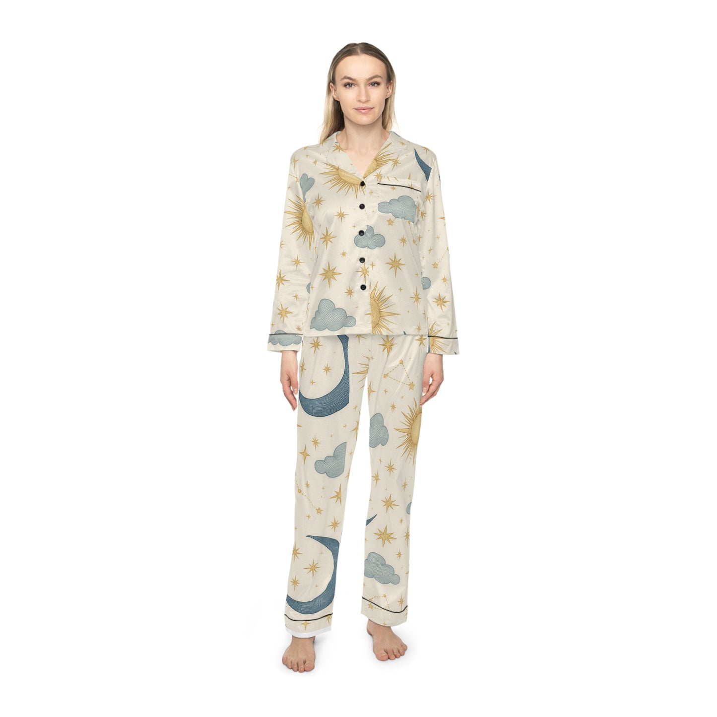 PJ Designs women's satin pajamas set with all over prints of moons stars and clouds